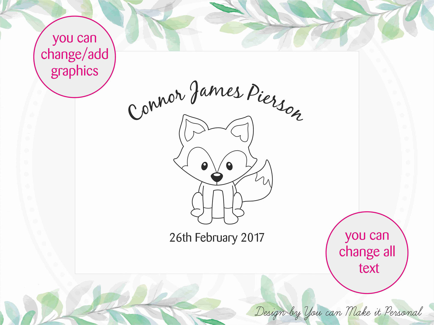 Custom engraved wooden box with baby fox artwork and personalized name
