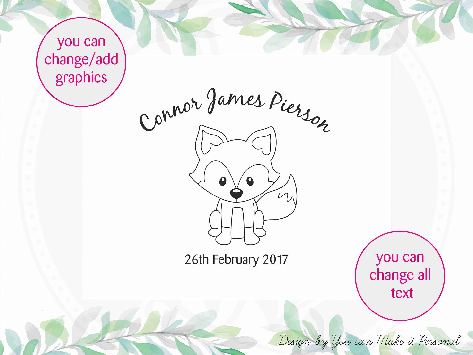 Custom engraved wooden box with baby fox artwork and personalized name