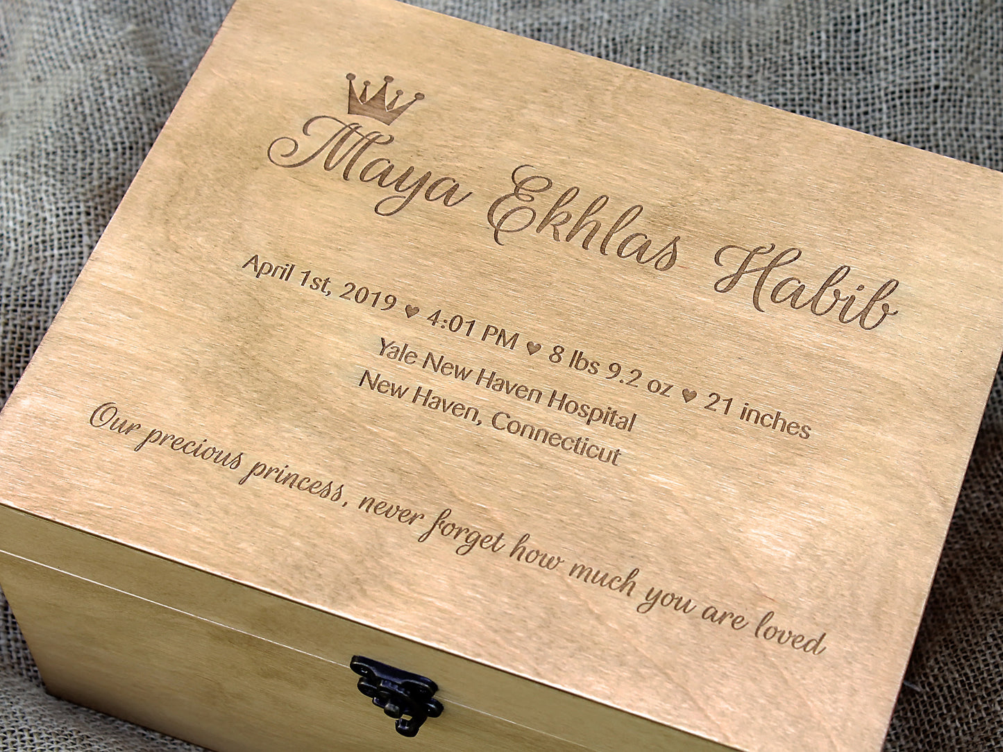 Custom engraved baby girl keepsake box with personalized name and details