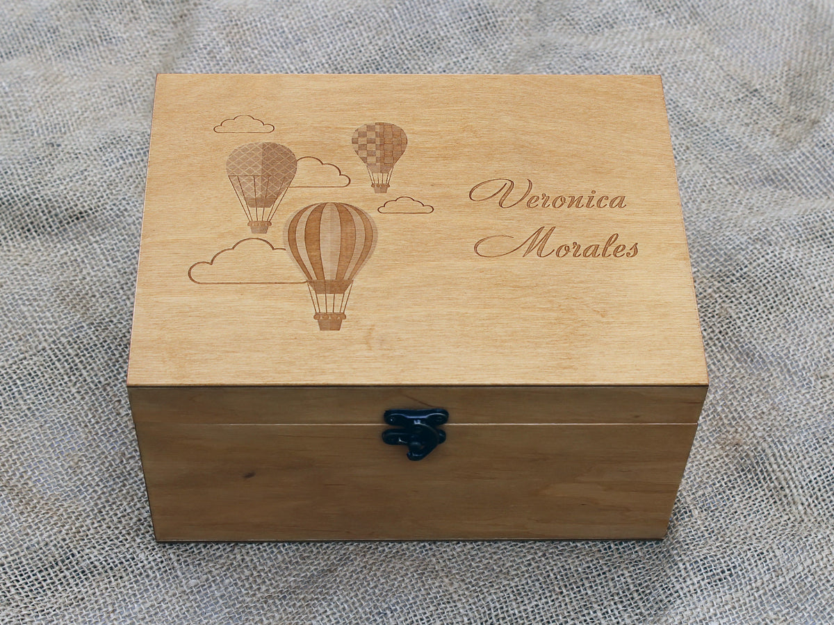 Baby memory box with engraved hot air balloon design