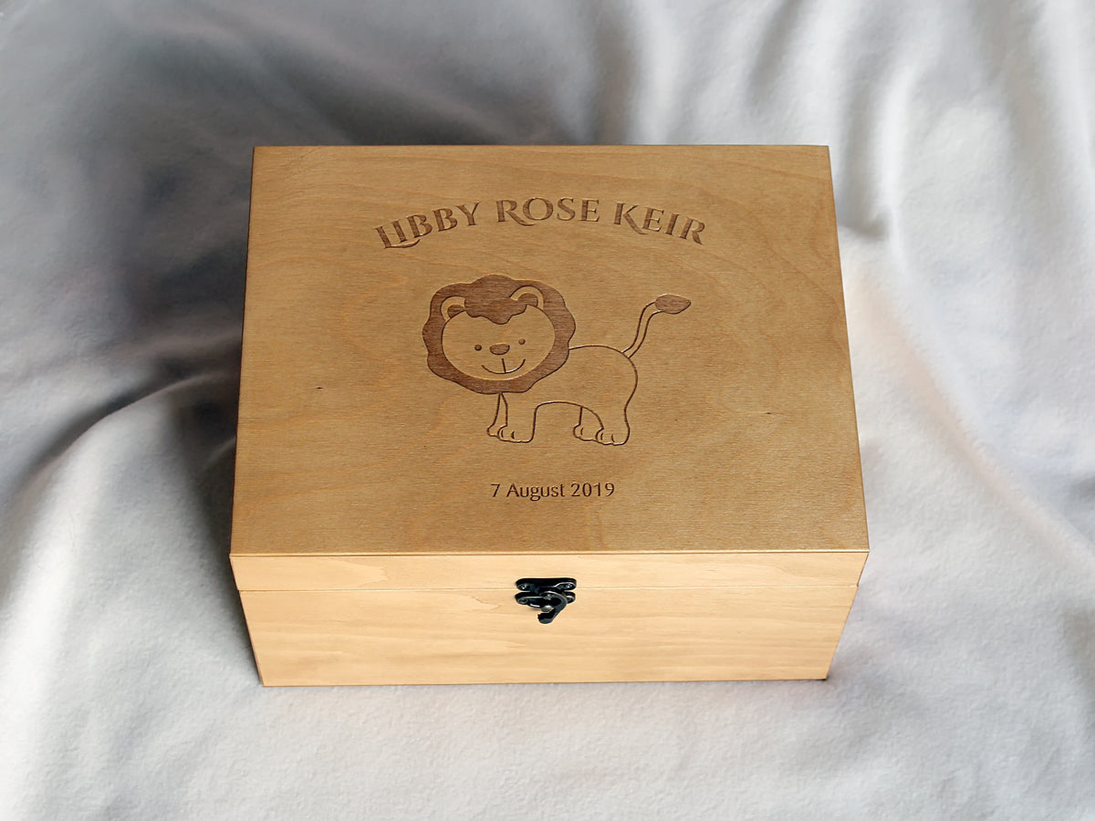 Baby memory box featuring a personalized Leo design