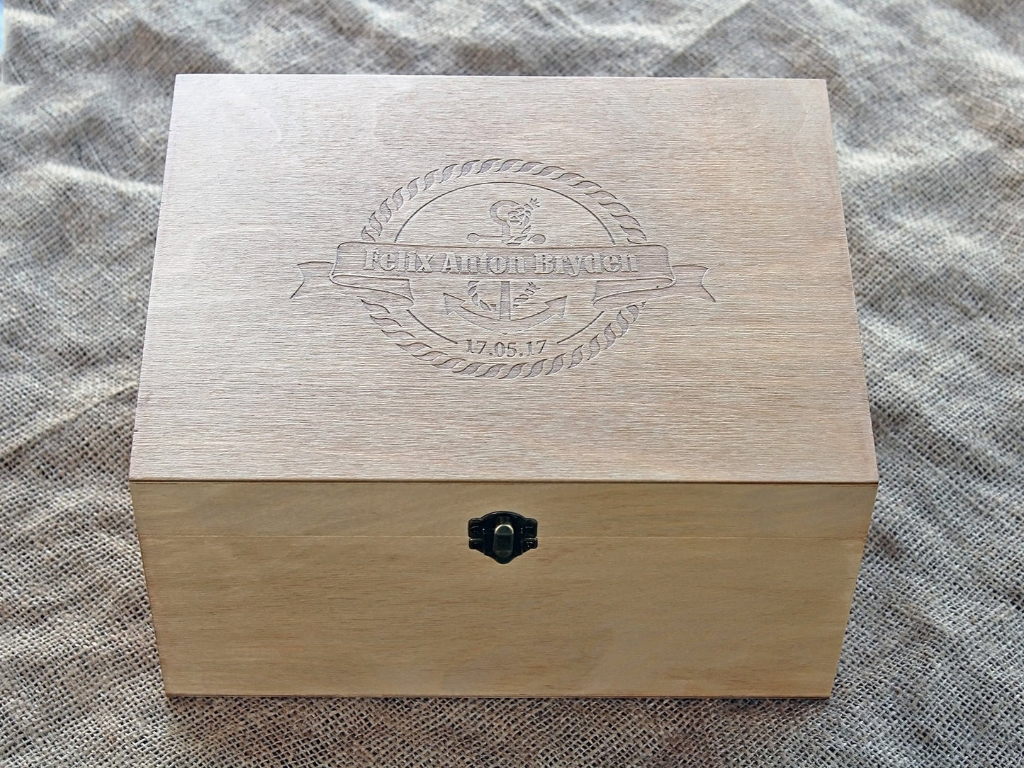 Custom wooden baby keepsake box with nautical anchor engraving