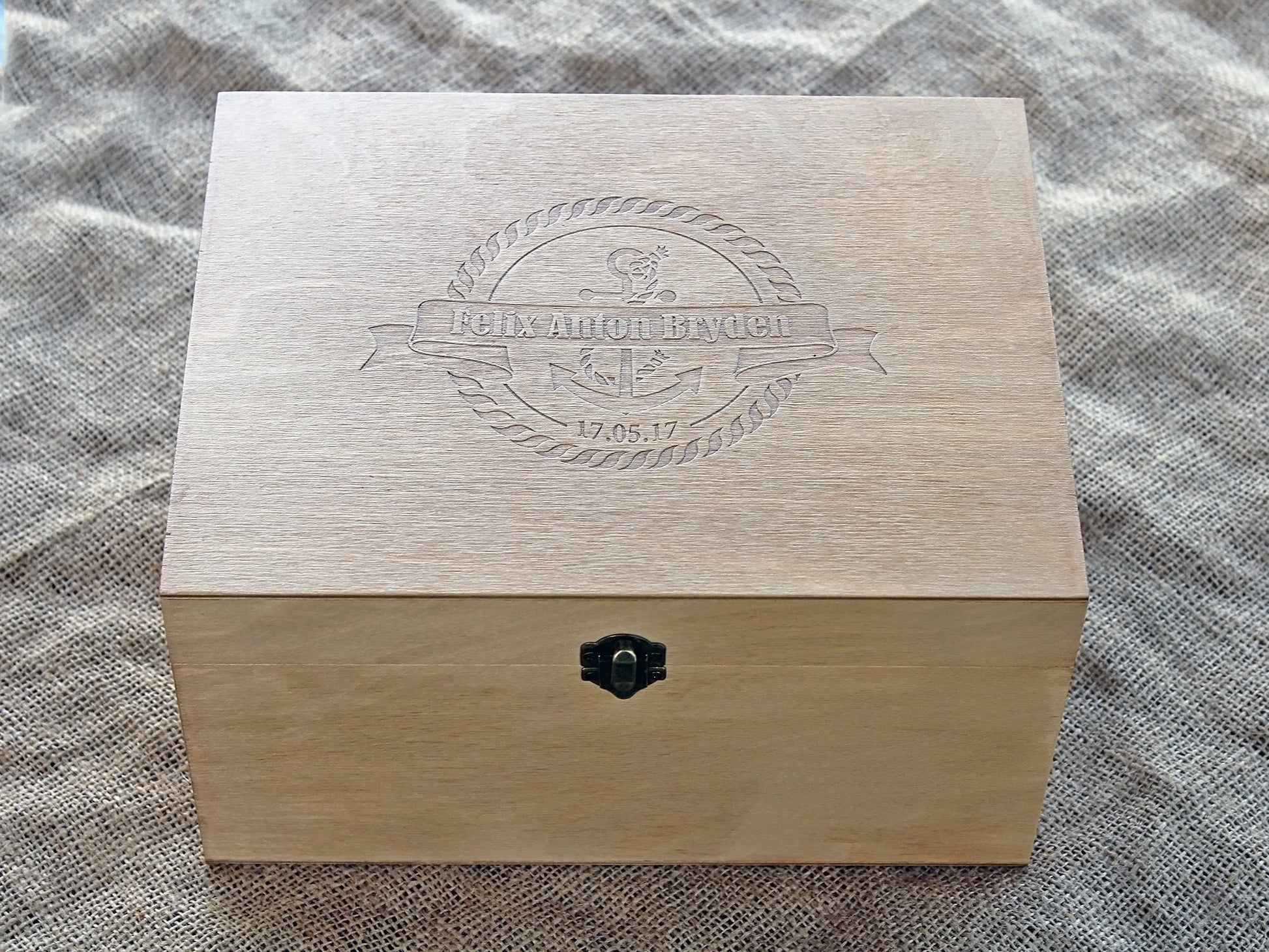 Custom wooden baby keepsake box with nautical anchor engraving