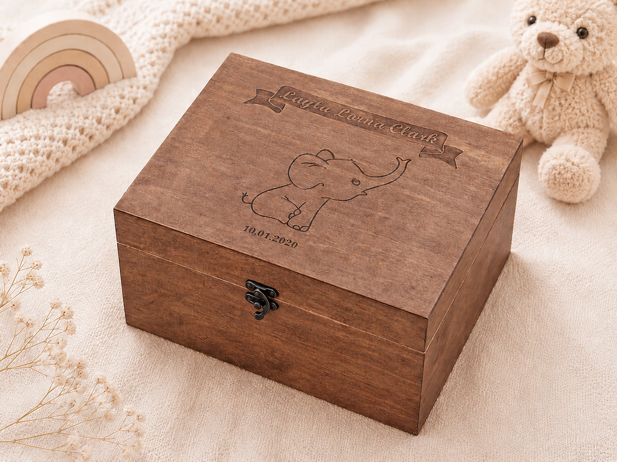 Custom baby memory box engraved with elephant artwork and baby's birth details