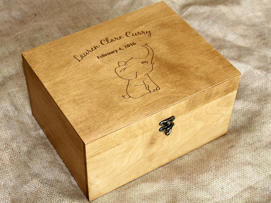 Personalized baby elephant wooden memory box