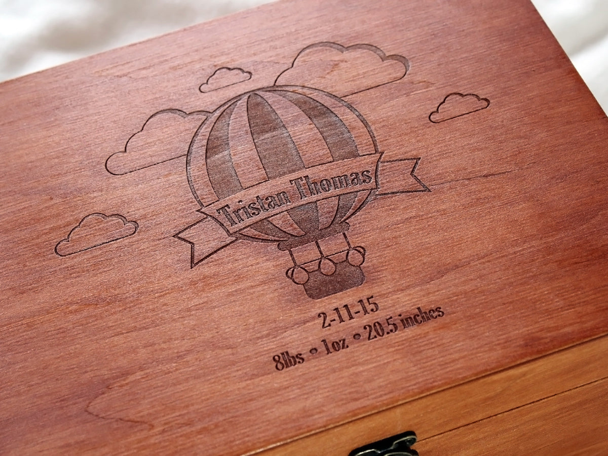 Custom baby memory box with engraved hot air balloon