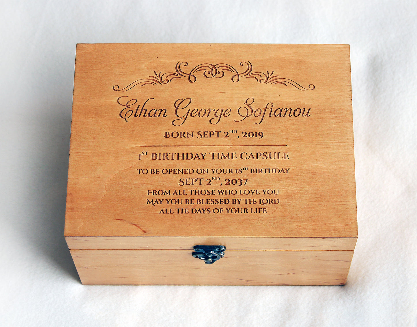 Custom engraved baby time capsule keepsake box for treasured memories