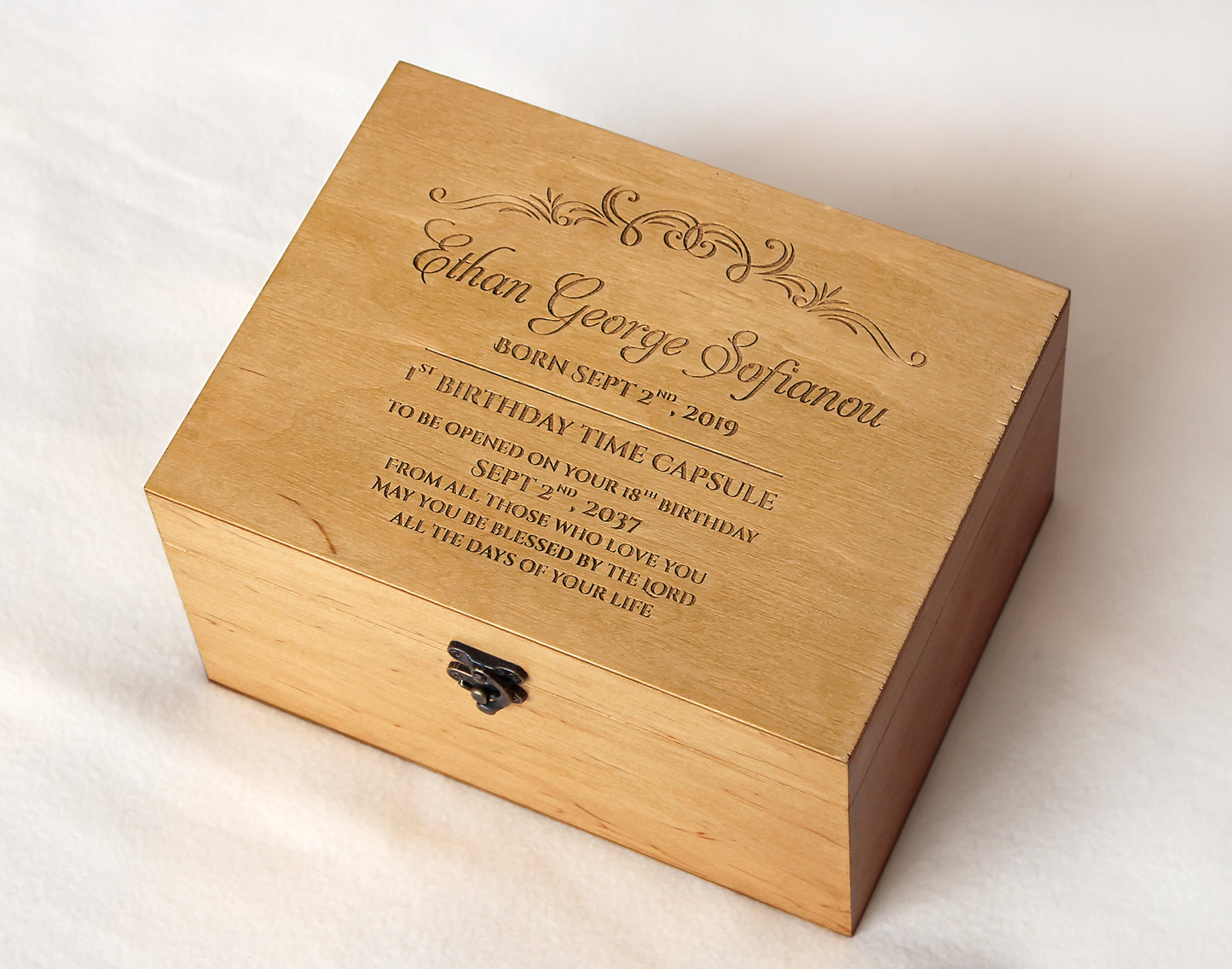 Personalized wooden memory box for preserving a child's early memories