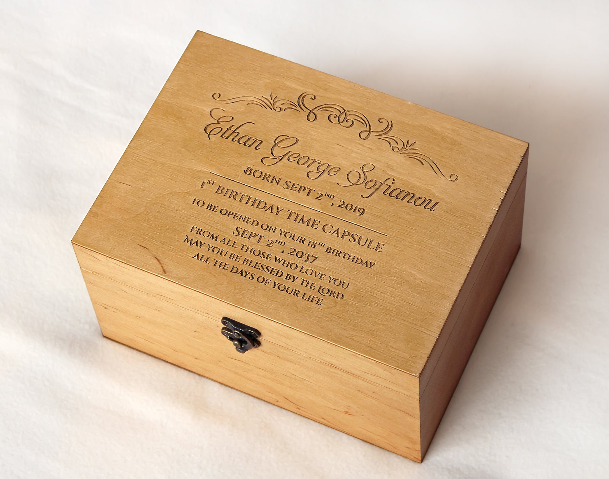 Personalized wooden memory box for preserving a child's early memories