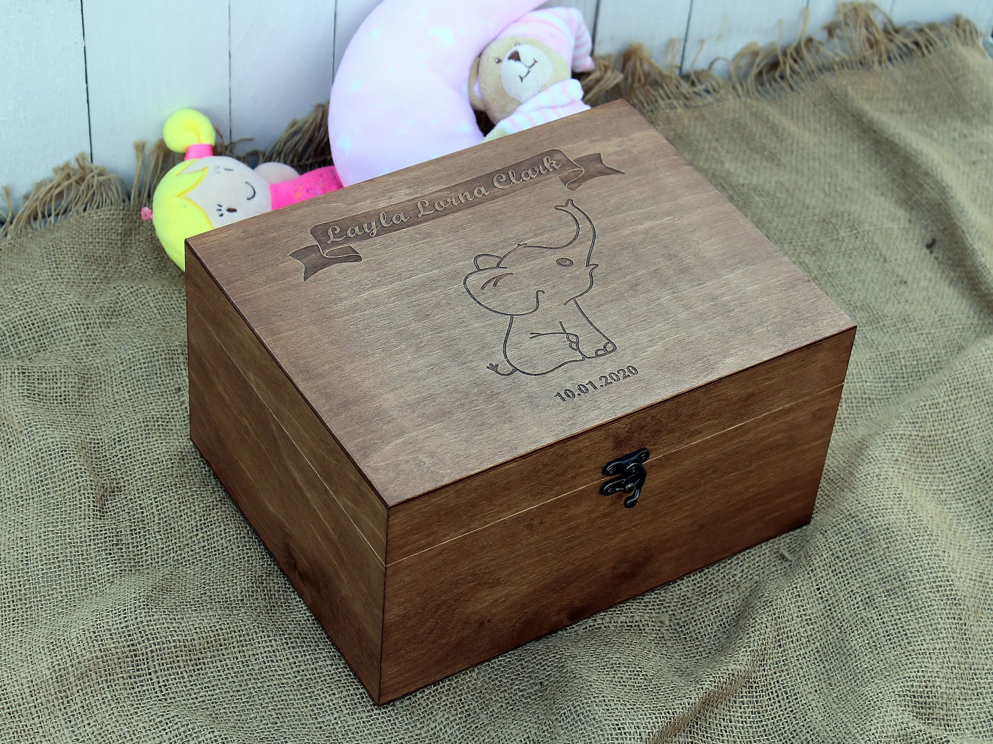 Custom engraved baby memory box with elephant artwork and birth details