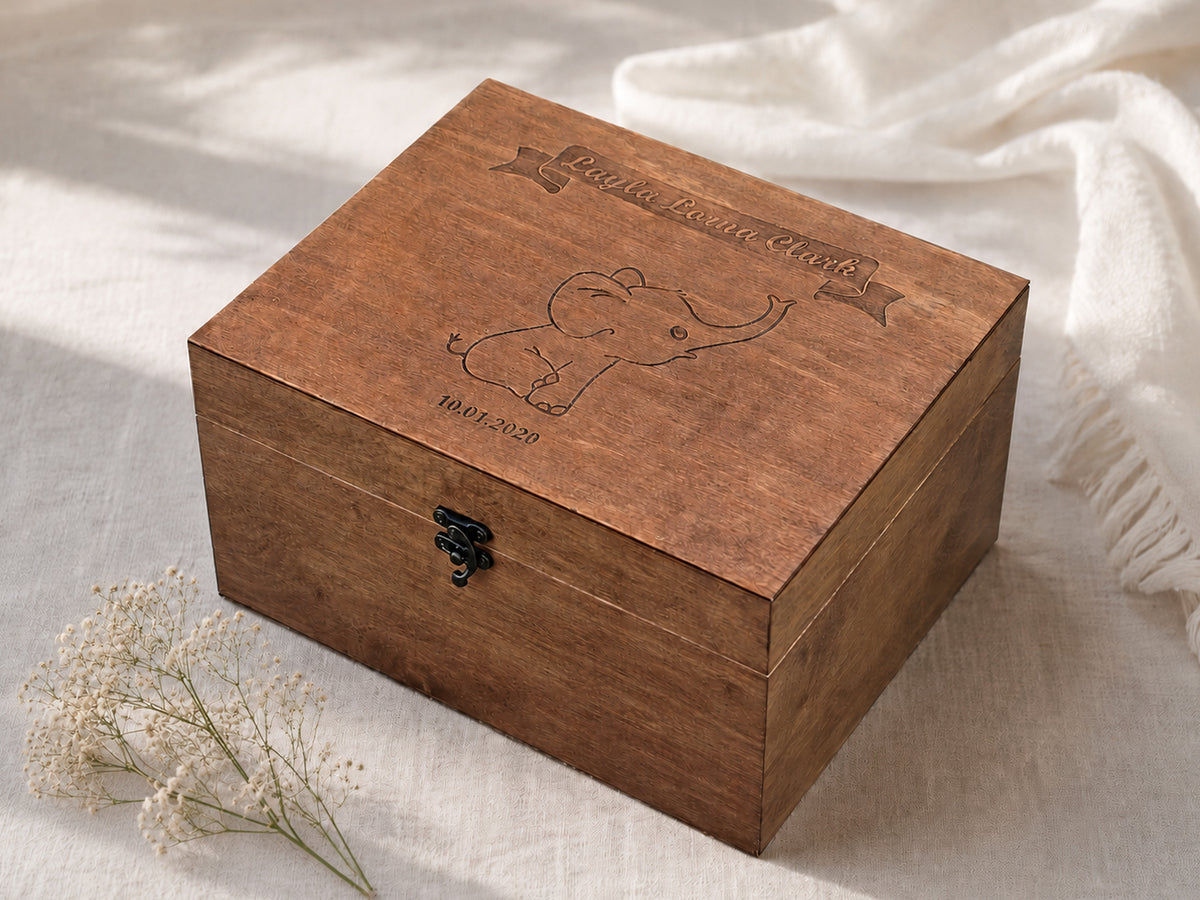 Custom engraved baby box with elephant drawing and child's name