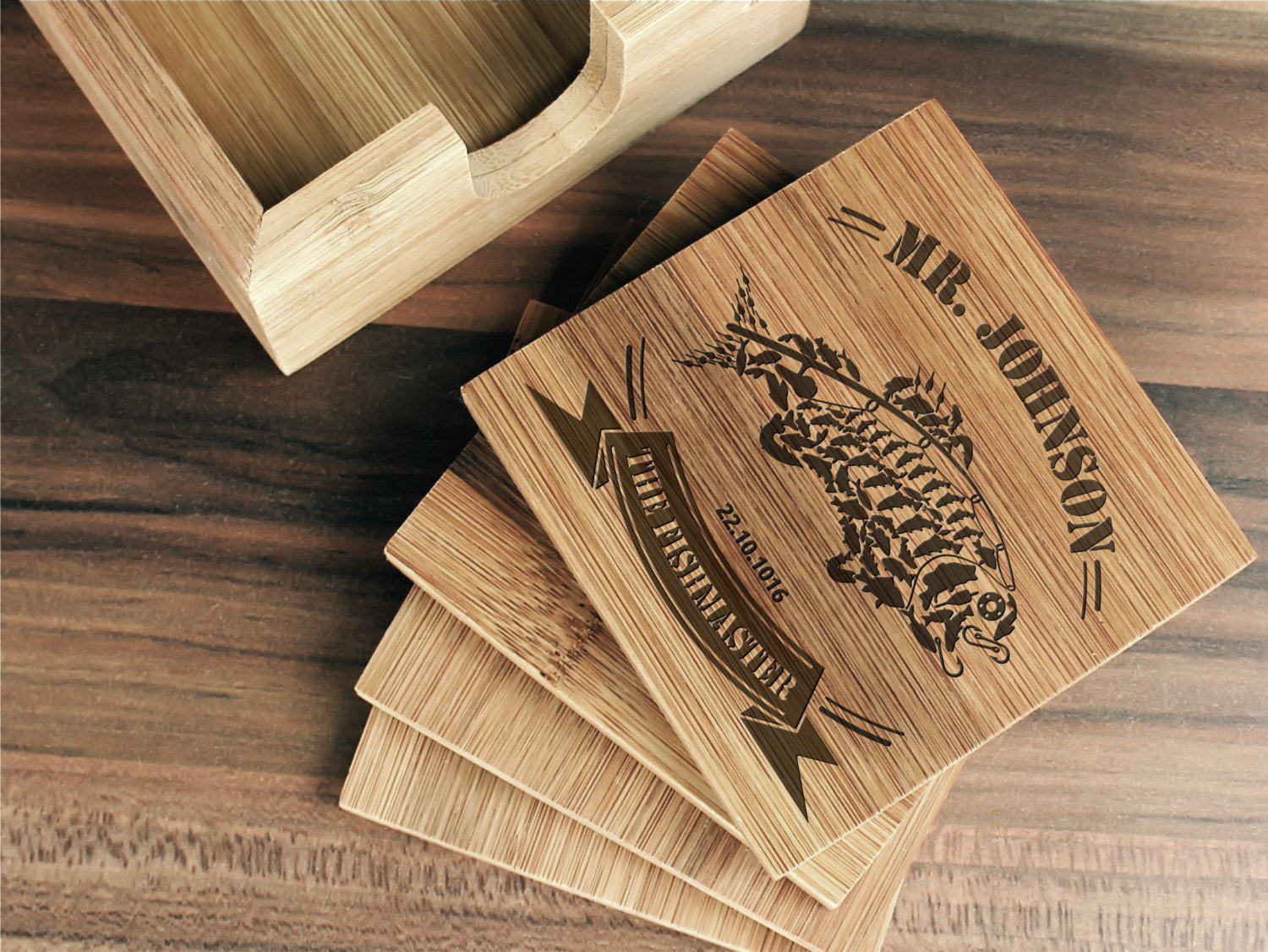 Close-up of a bamboo coaster with personalized engraved message for Dad