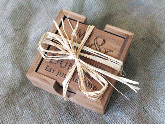 Personalized bamboo coaster set with custom engraving and matching holder
