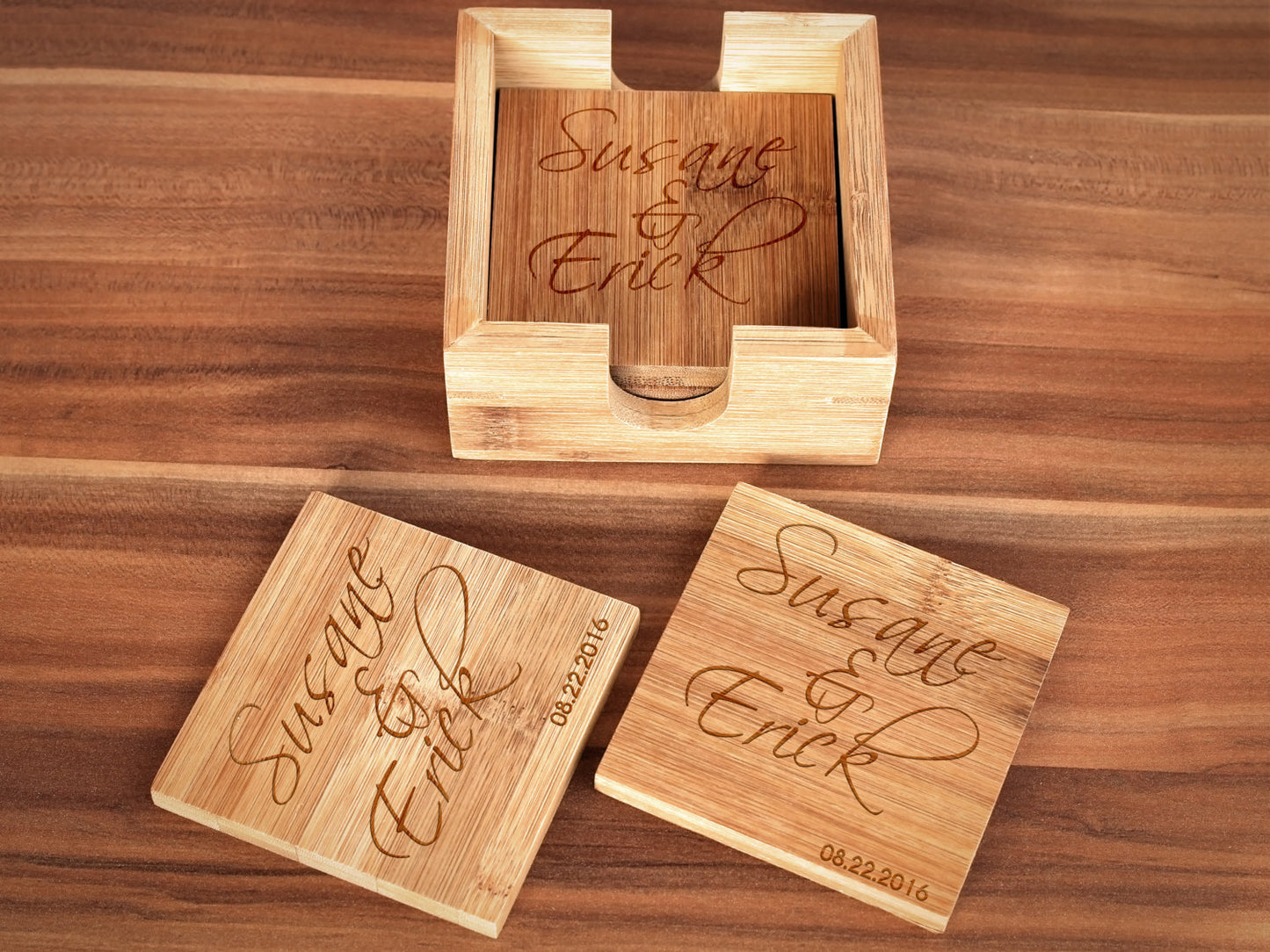 Custom engraved bamboo coaster set with personalized designs