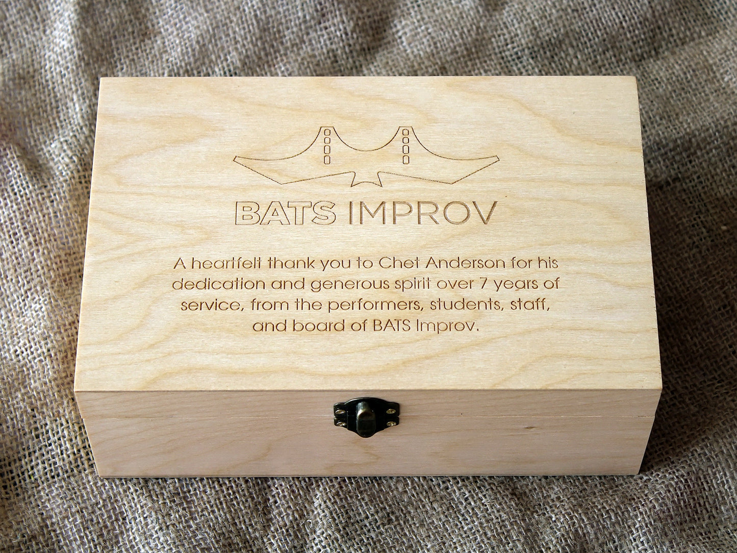 Custom engraved light wood gift box with personalized message