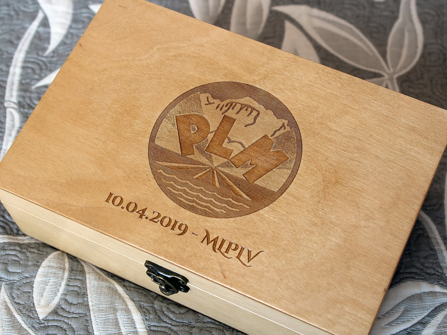 Custom engraved wooden gift box with personalized circular logo