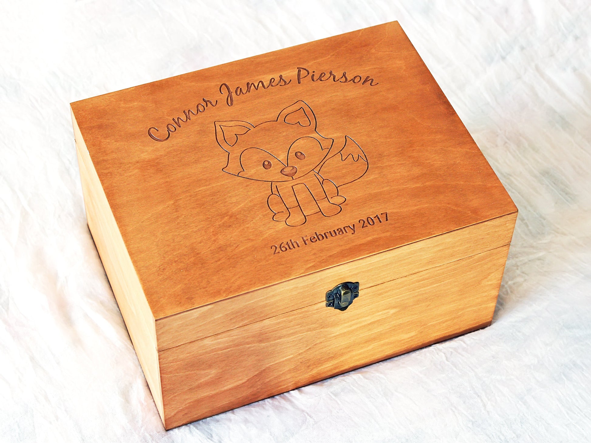 Custom engraved baby keepsake box with adorable fox design