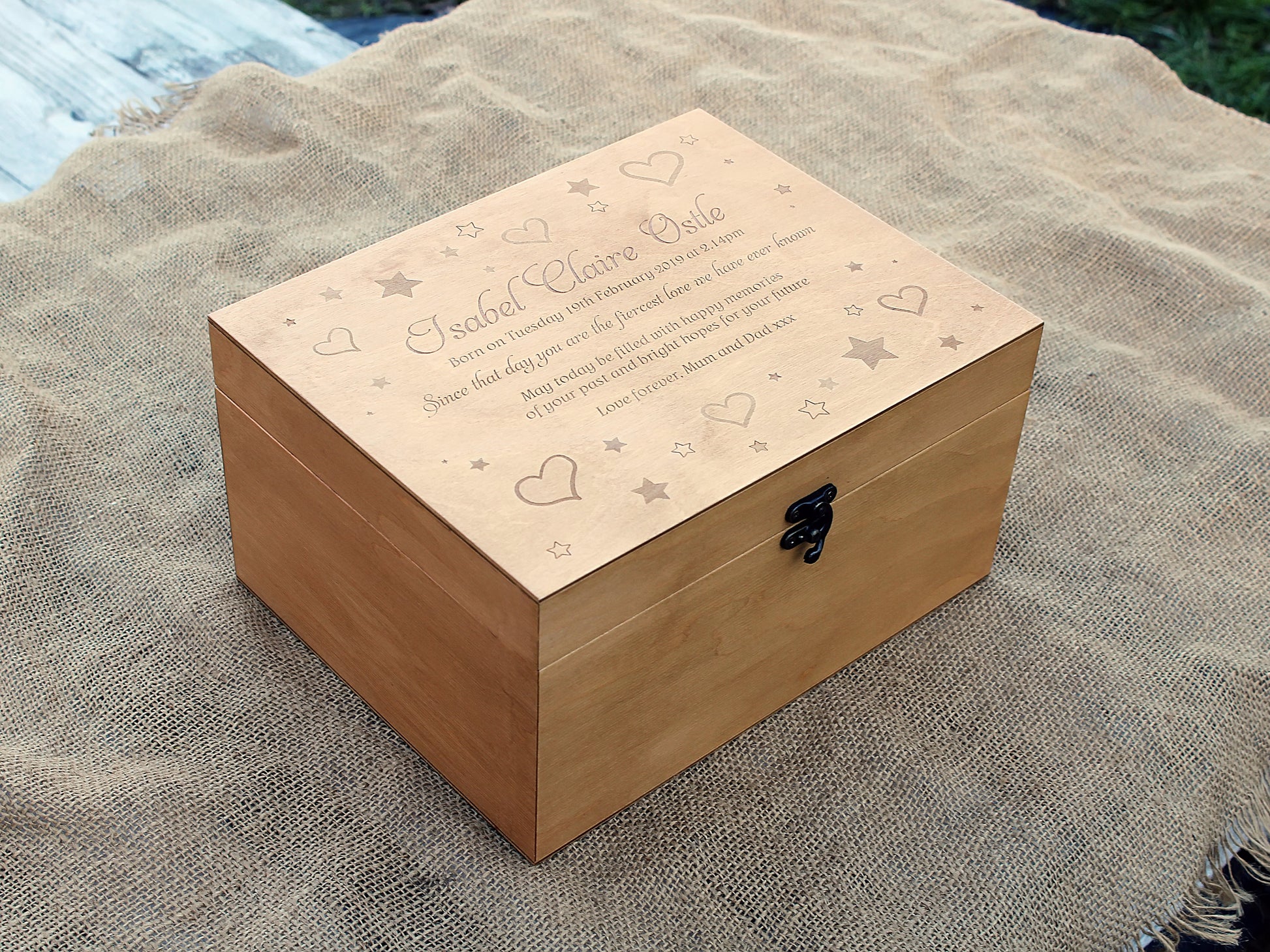 Custom baby memory box with heart and stars engraving