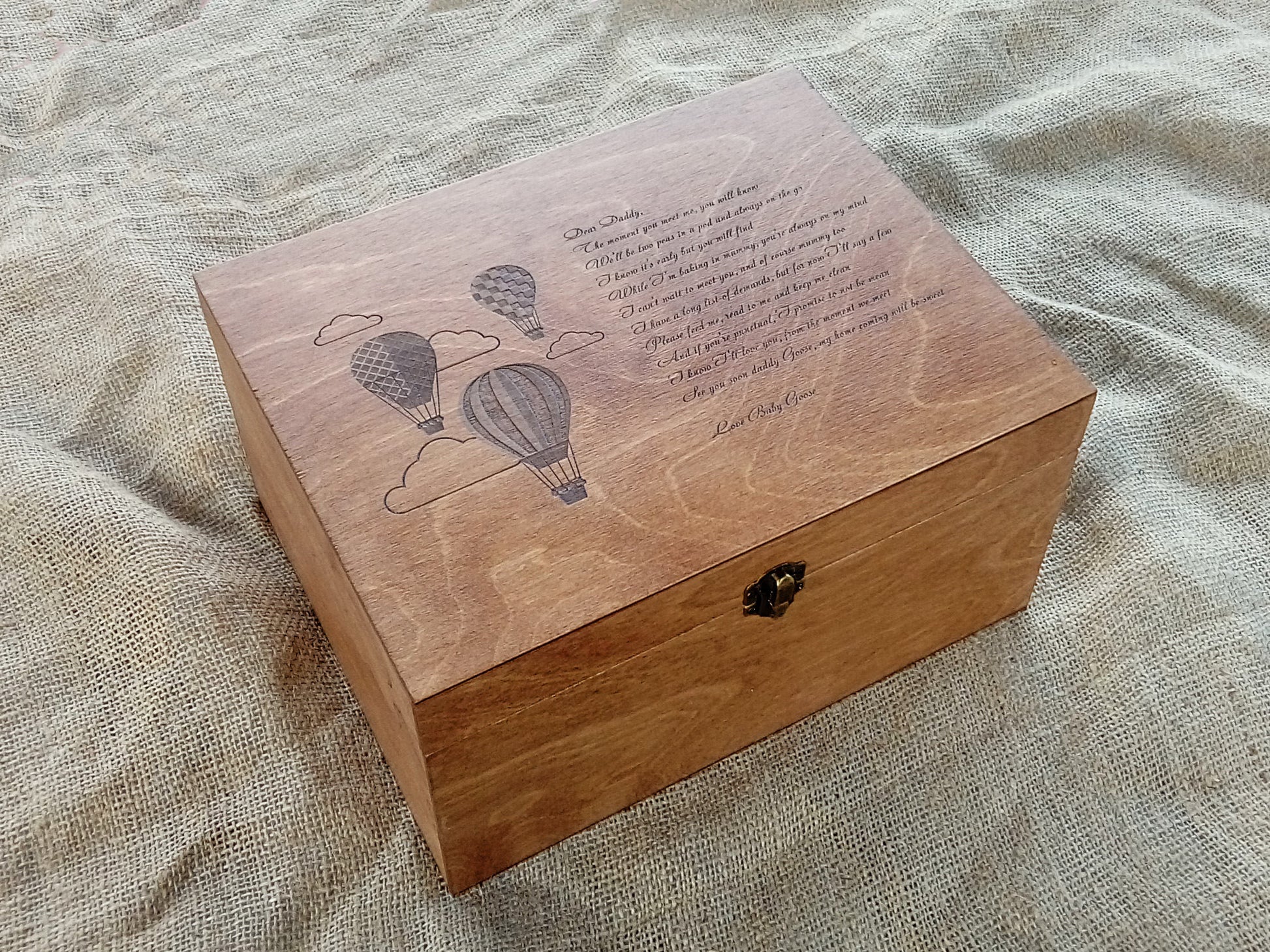 Custom engraved wooden memory box with hot air balloon design and name