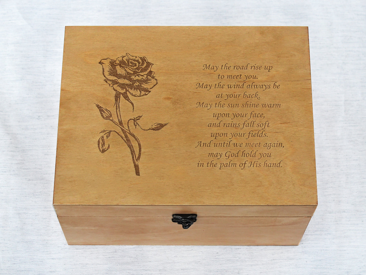 Custom engraved wooden memory box featuring an Irish blessing
