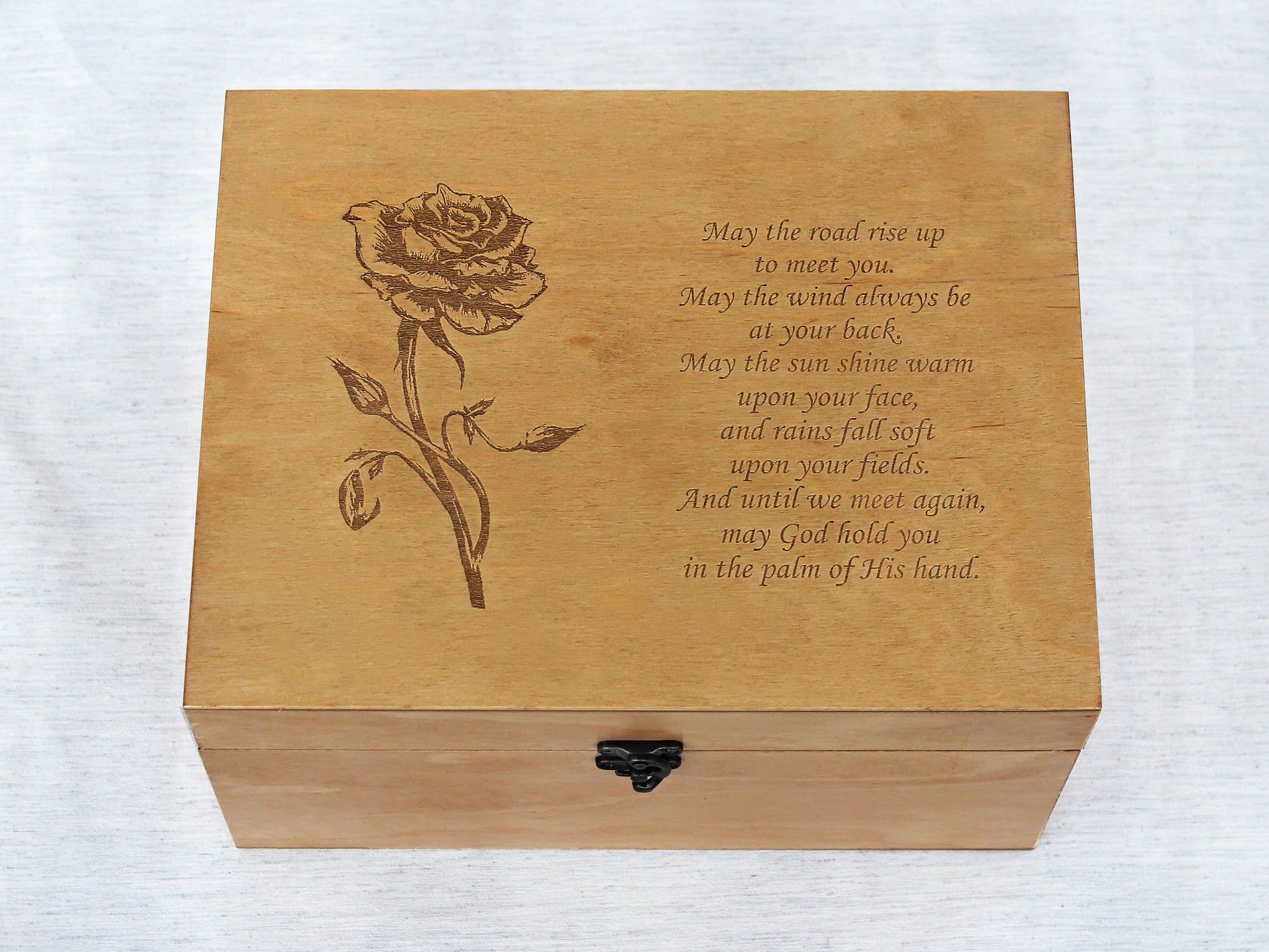 Custom engraved wooden memory box featuring an Irish blessing
