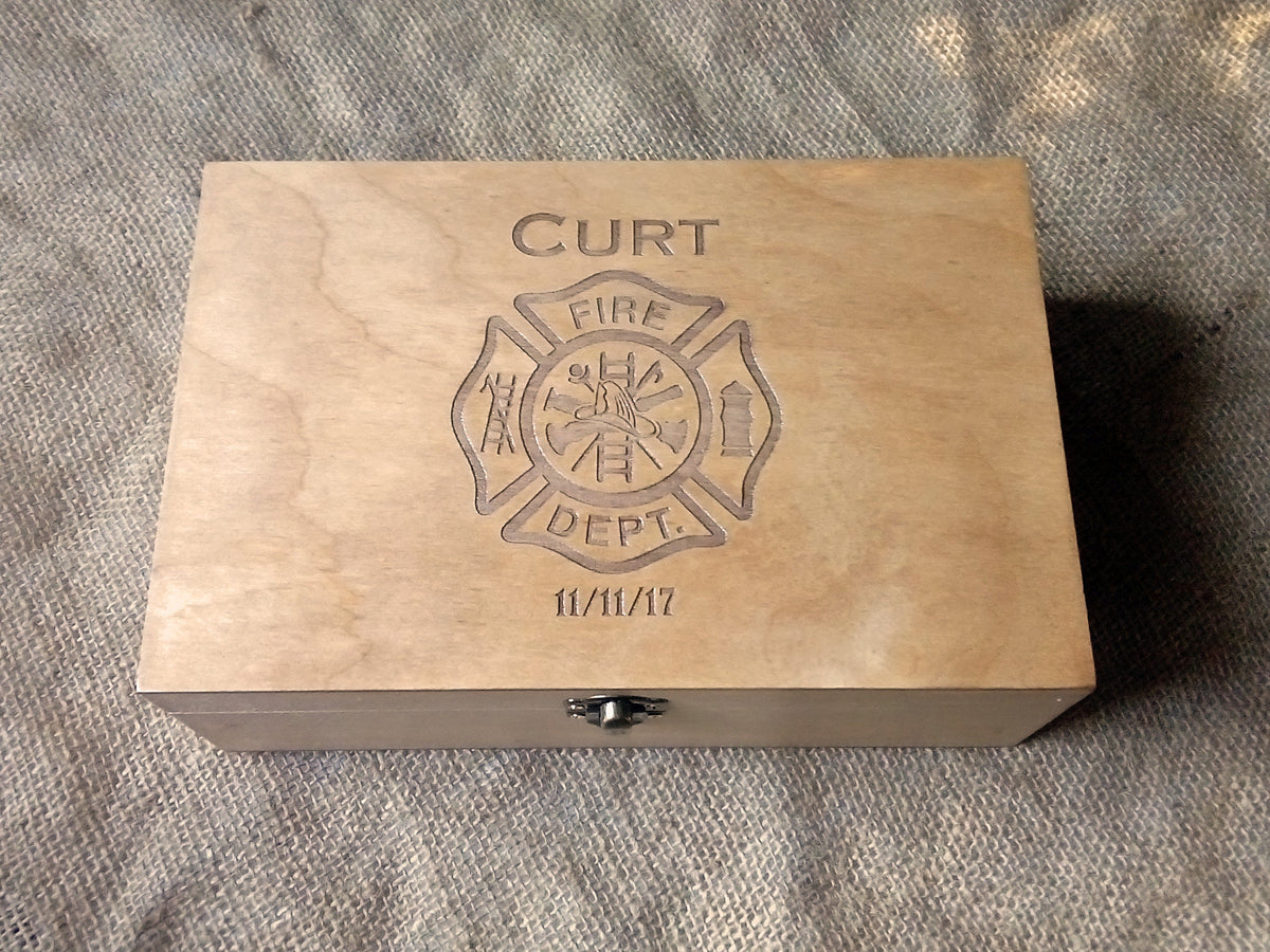 Custom engraved wooden gift box with firefighter logo