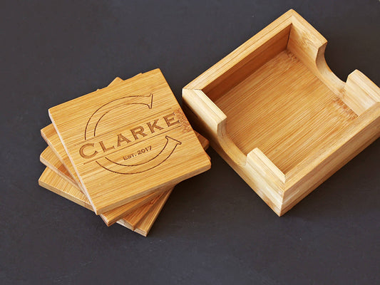 Custom monogram bamboo coaster set with personalized engraving and holder