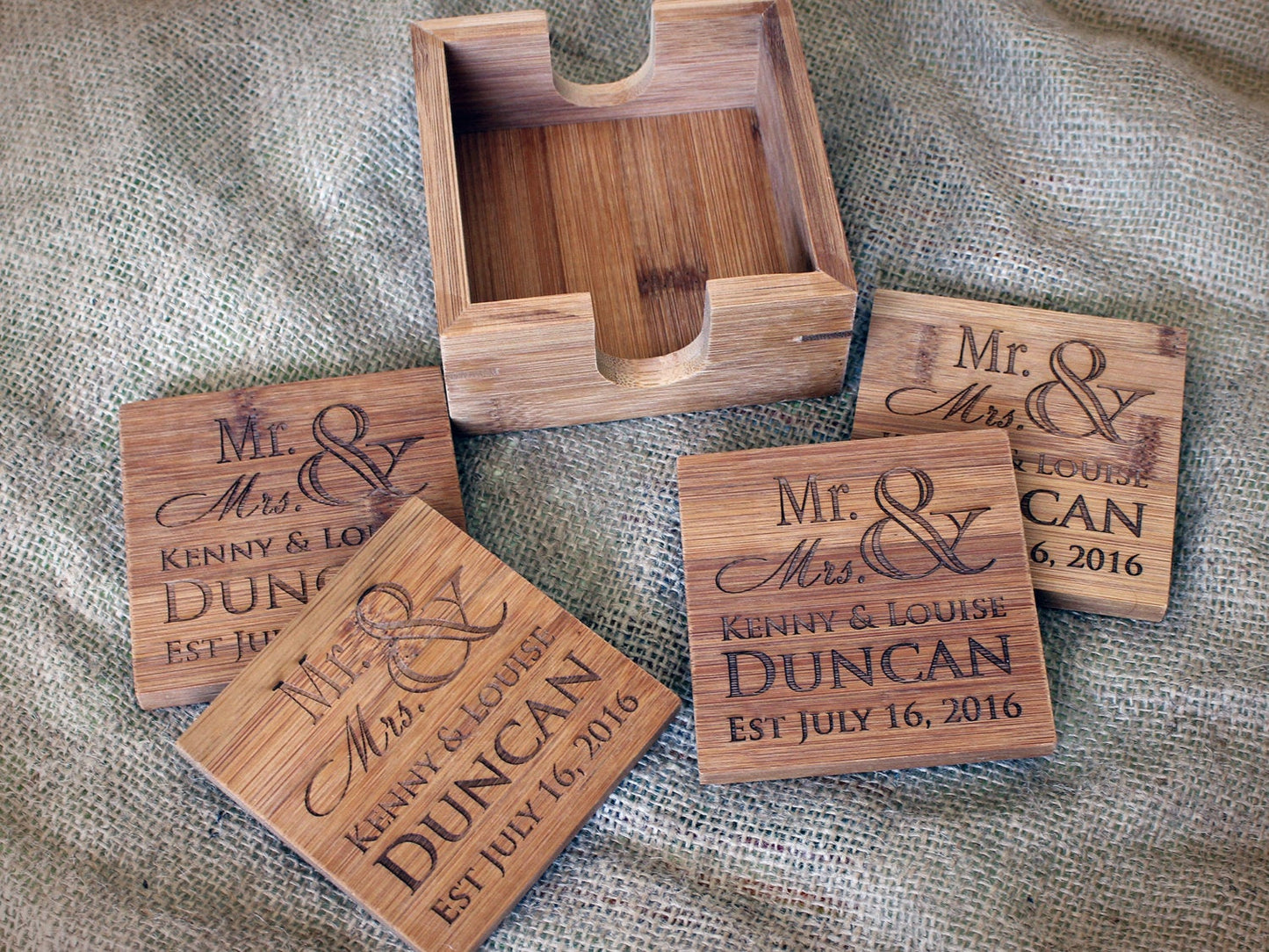 Custom name engraved bamboo coaster set with personalized text and design
