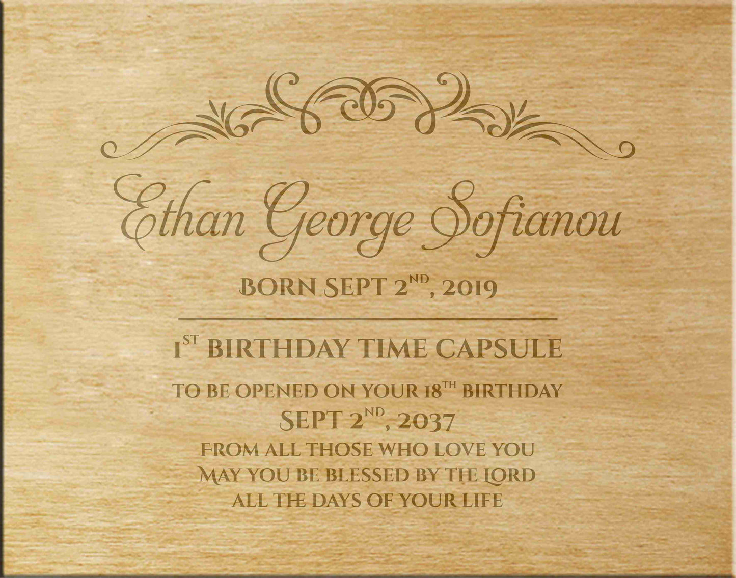 Custom personalized wooden box for first birthday keepsakes