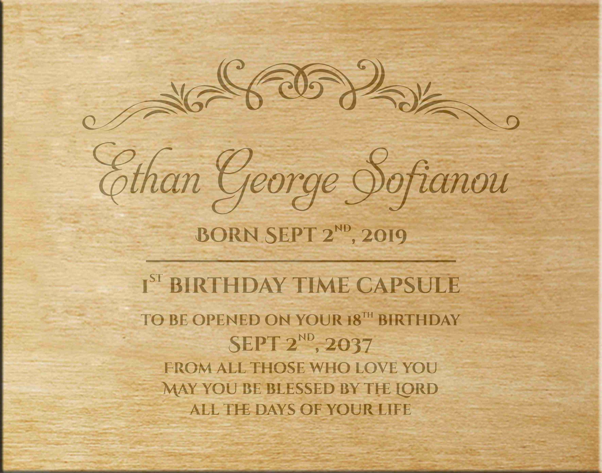Custom personalized wooden box for first birthday keepsakes