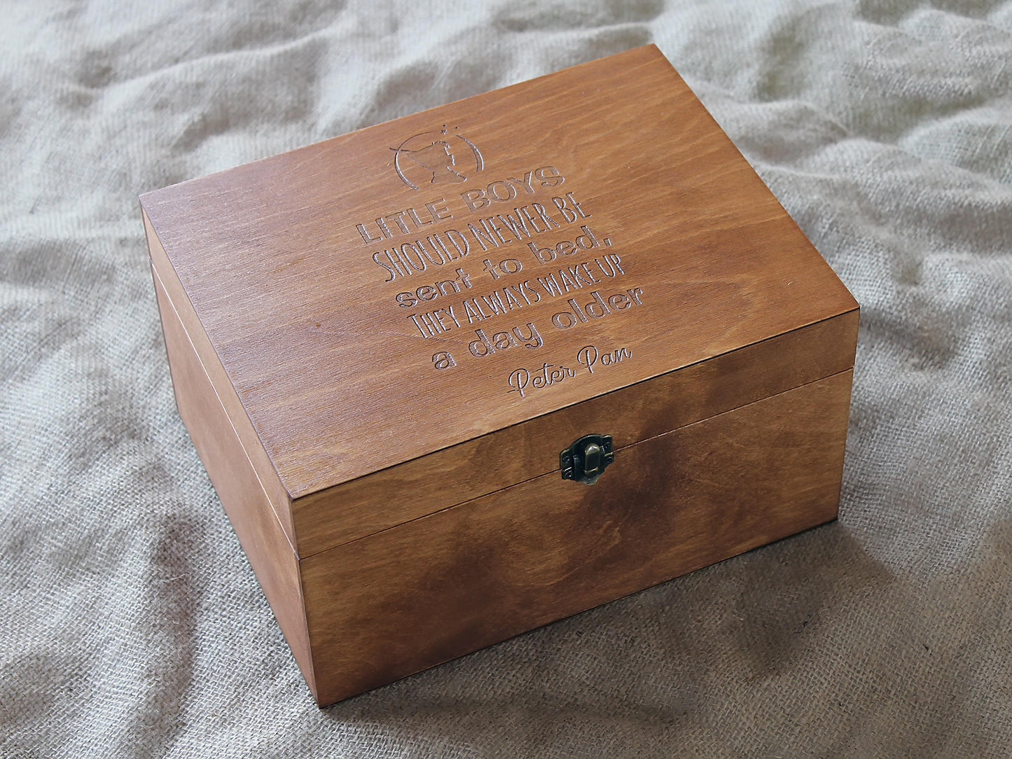 Custom engraved Peter Pan keepsake box with personalized details