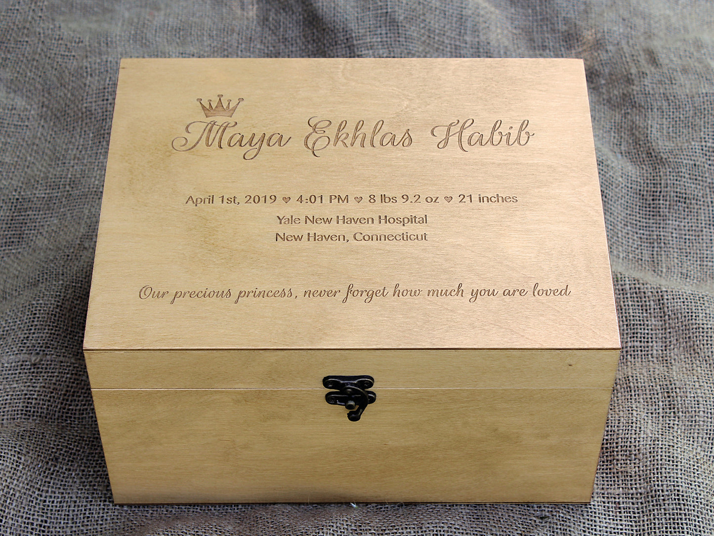 Custom wooden baby keepsake box personalized for a little princess