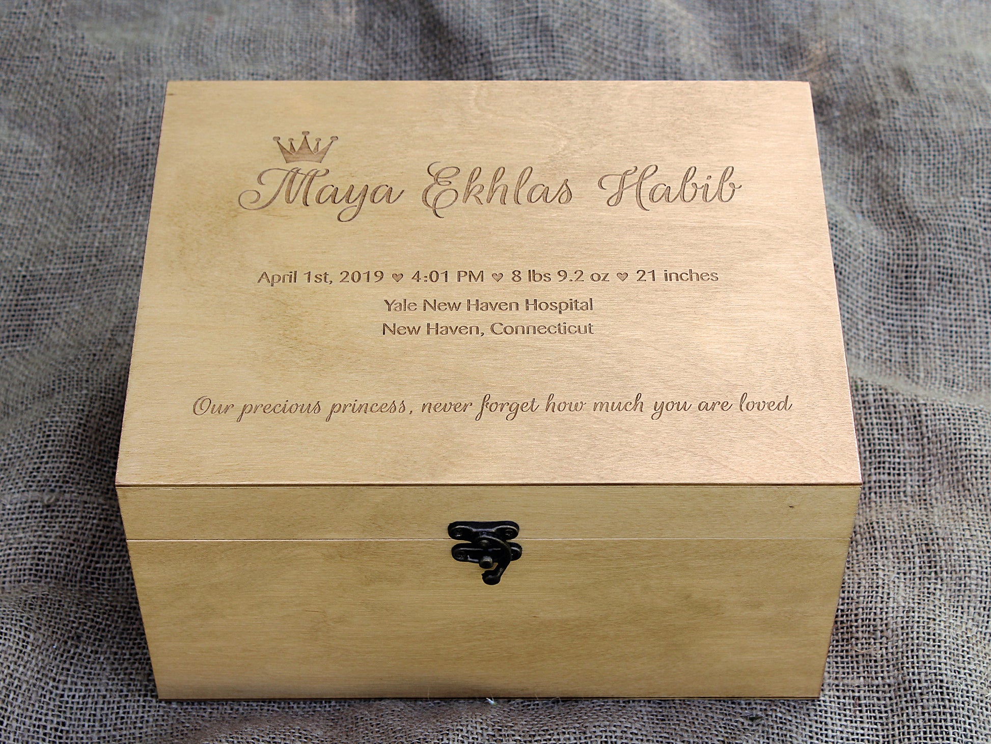 Custom wooden baby keepsake box personalized for a little princess