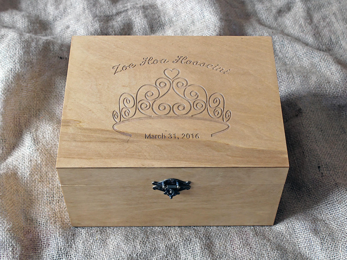 Custom engraved wooden memory box featuring a princess tiara design