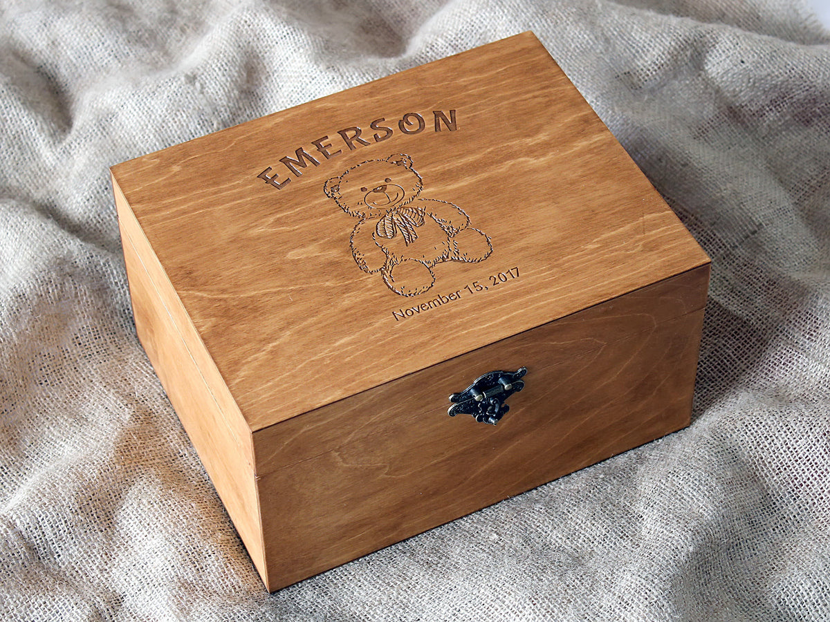 Custom engraved teddy bear memory box for baby's precious keepsakes