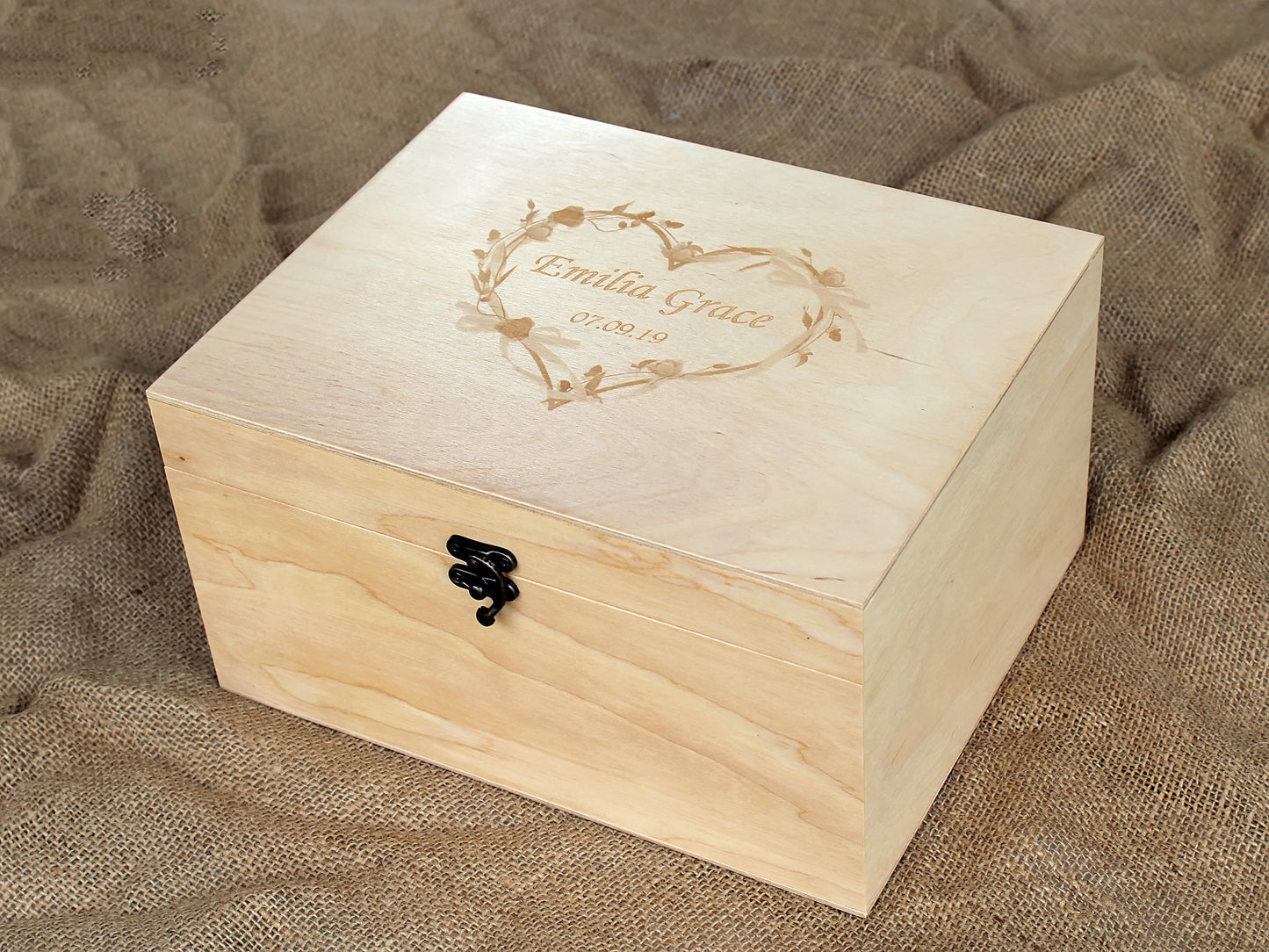 Wooden memory box personalized with a custom engraved name