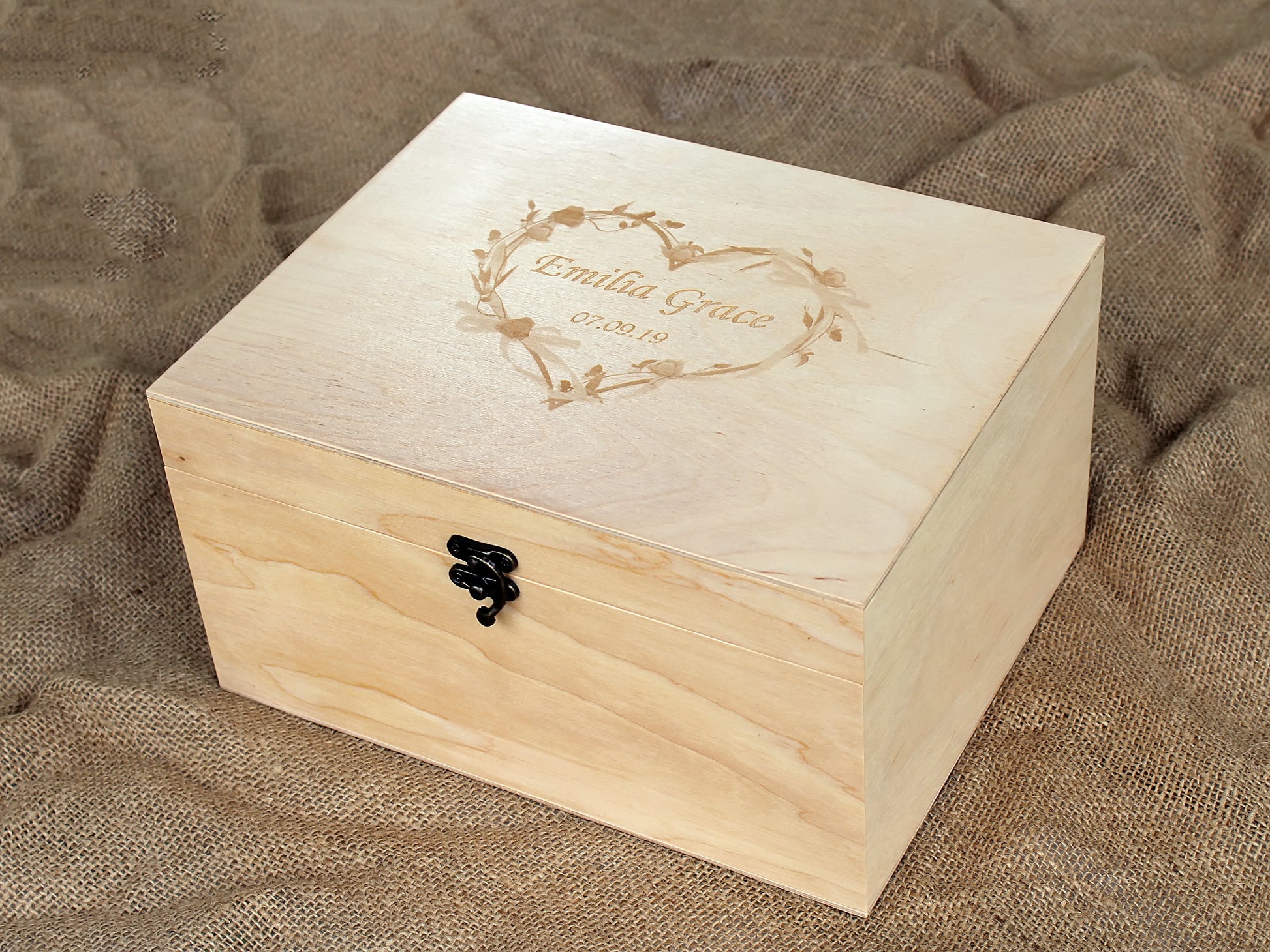 Wooden memory box personalized with a custom engraved name