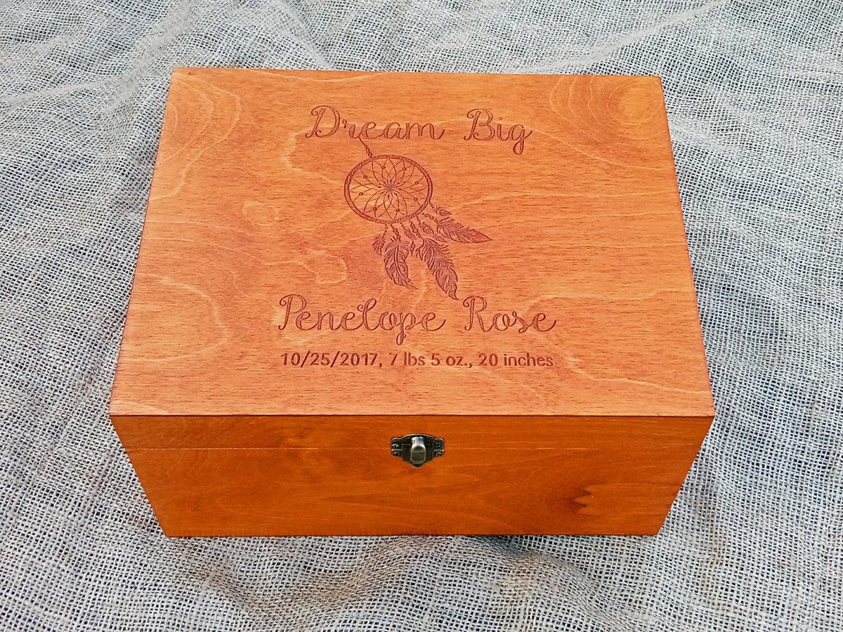 Baby keepsake box with engraved dreamcatcher design