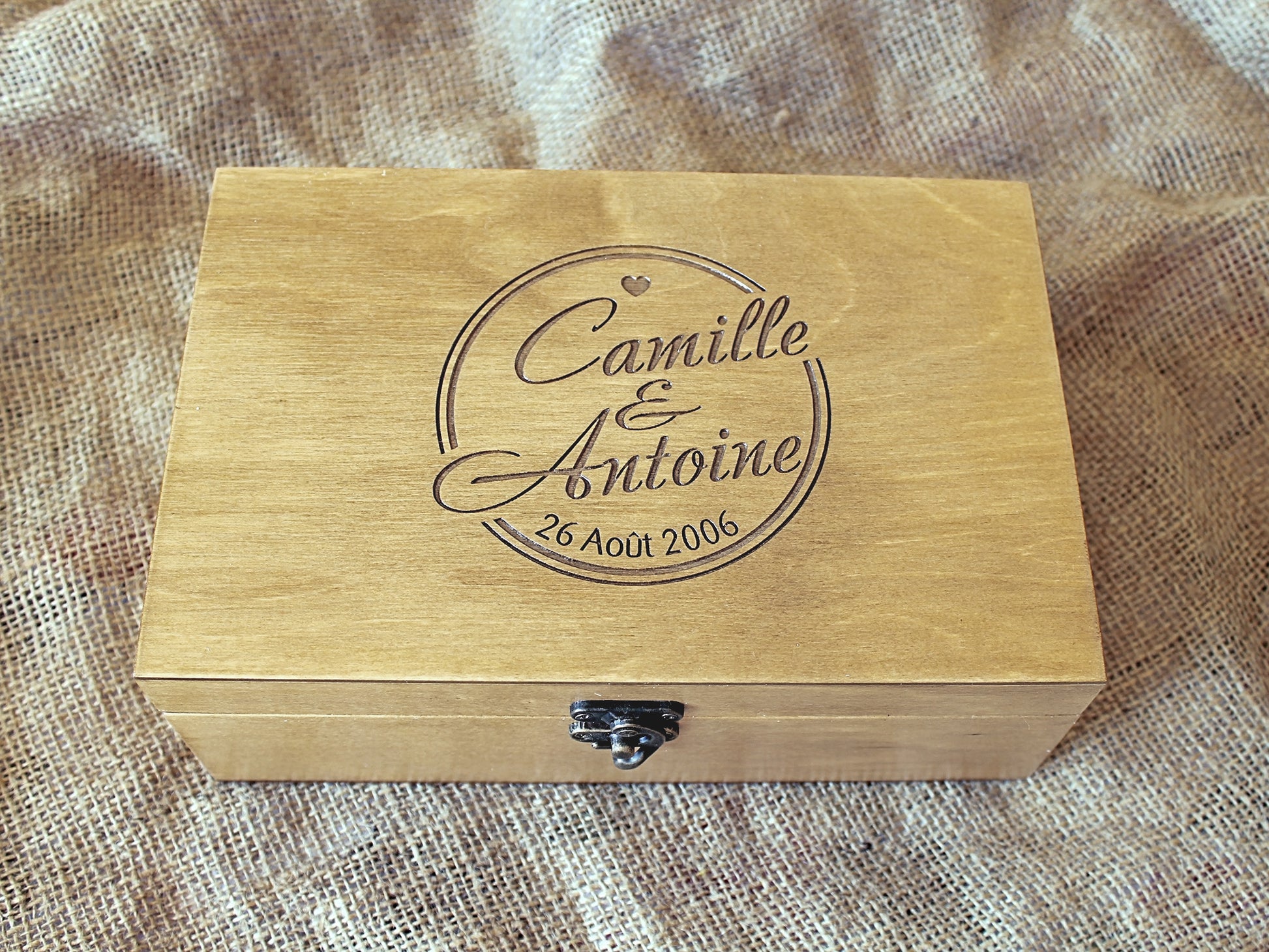 Engraved anniversary keepsake box personalized with names and date