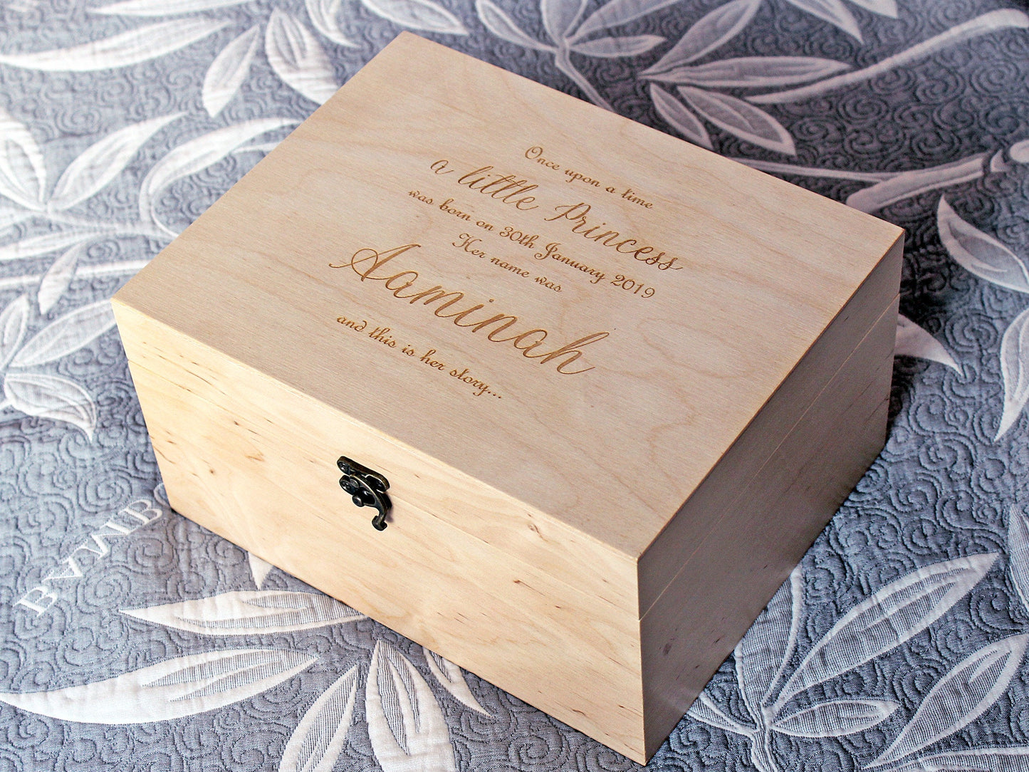 Laser engraved baby girl memory box with custom details