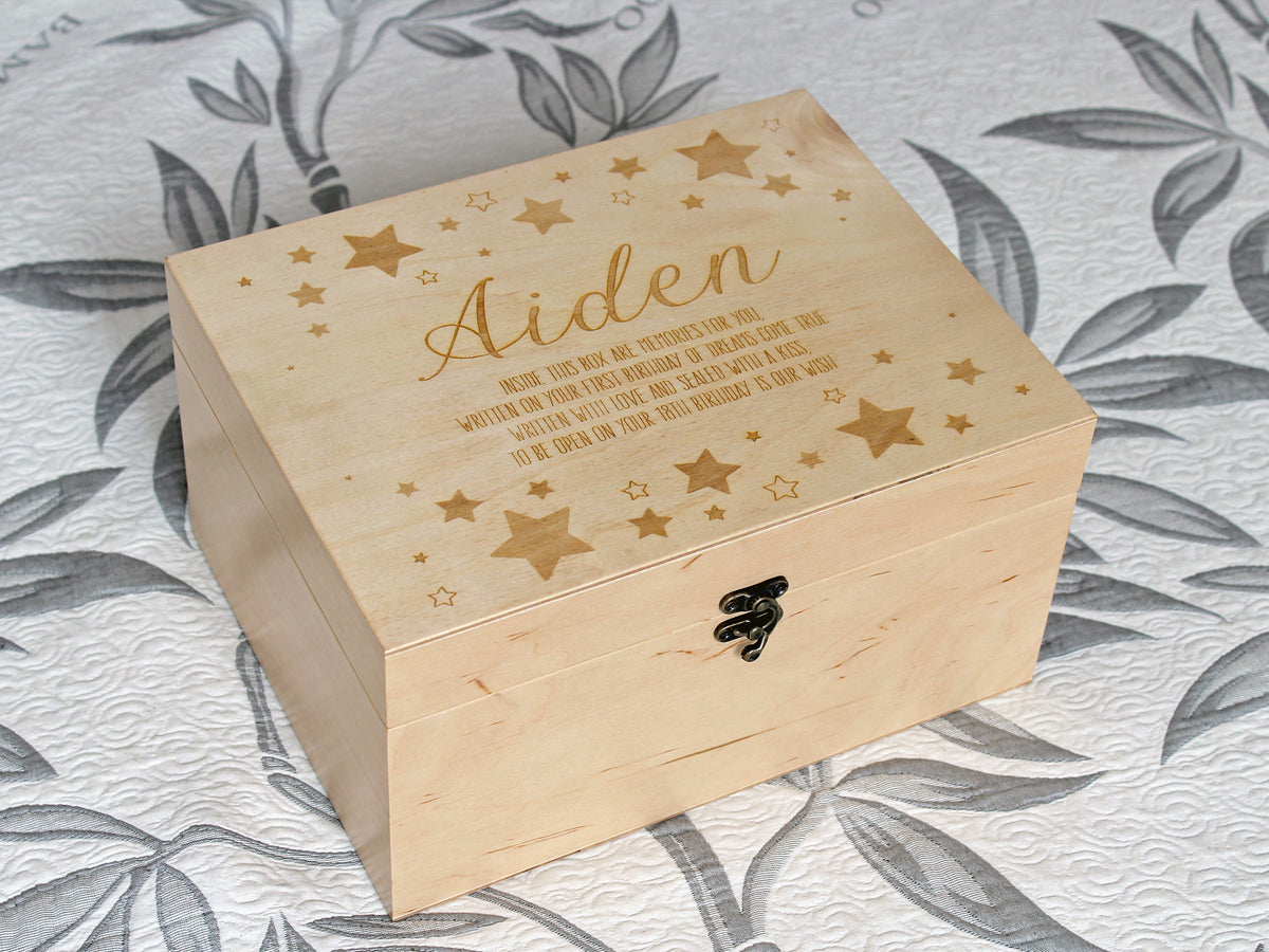 Engraved baby memory box with stars and custom name