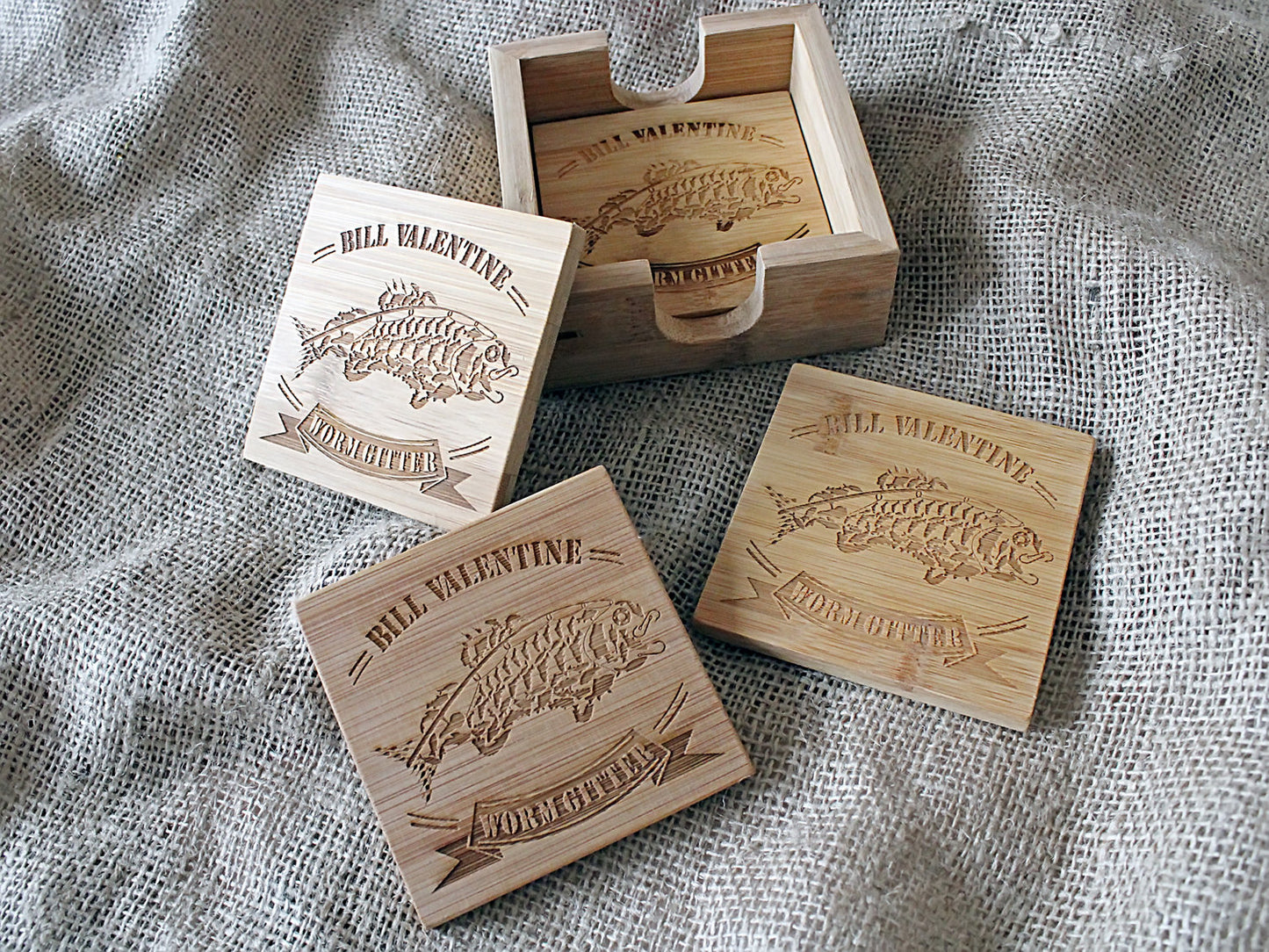 Custom name engraving on a personalized bamboo coaster
