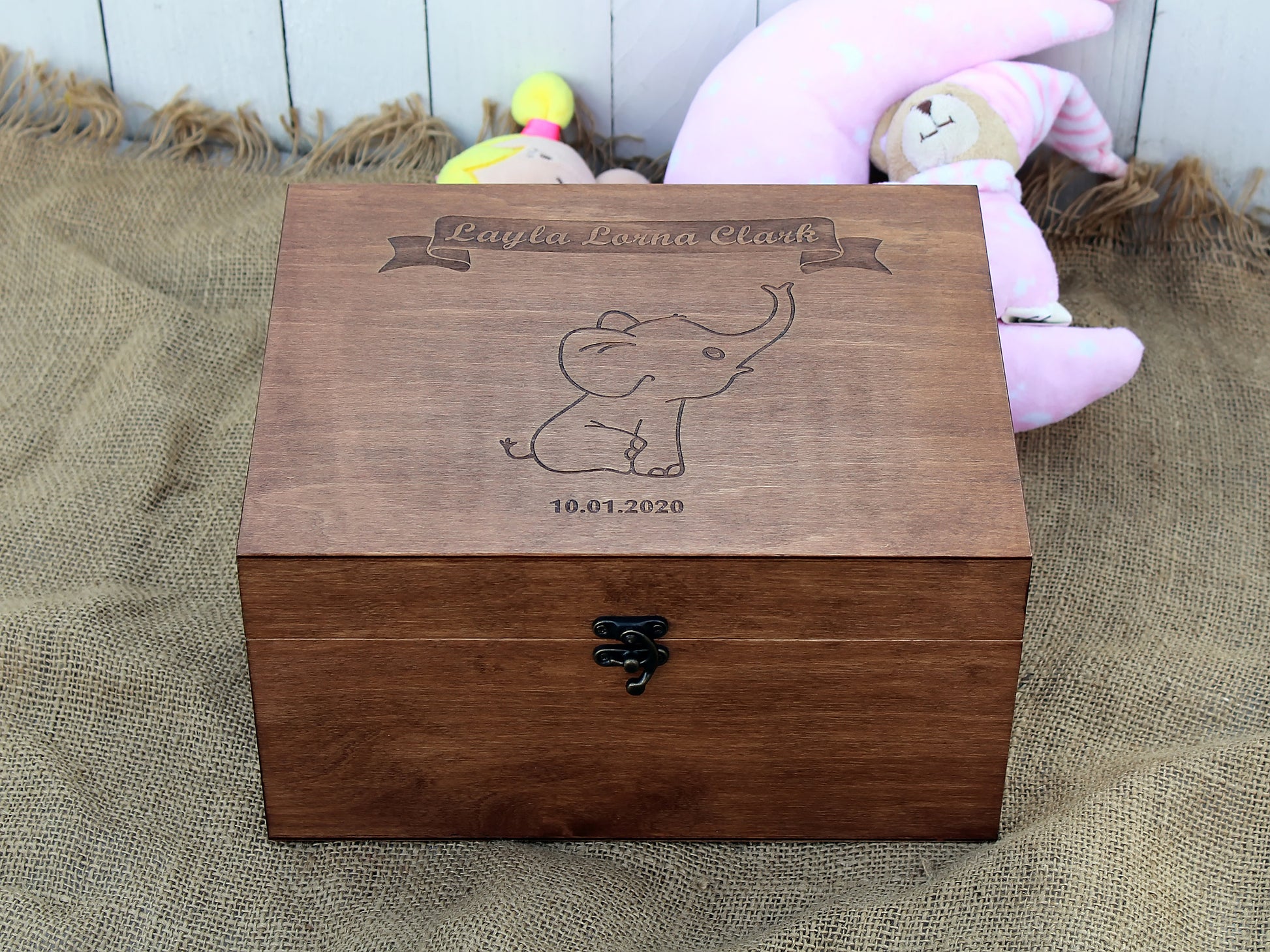 Wooden memory box with personalized elephant engraving