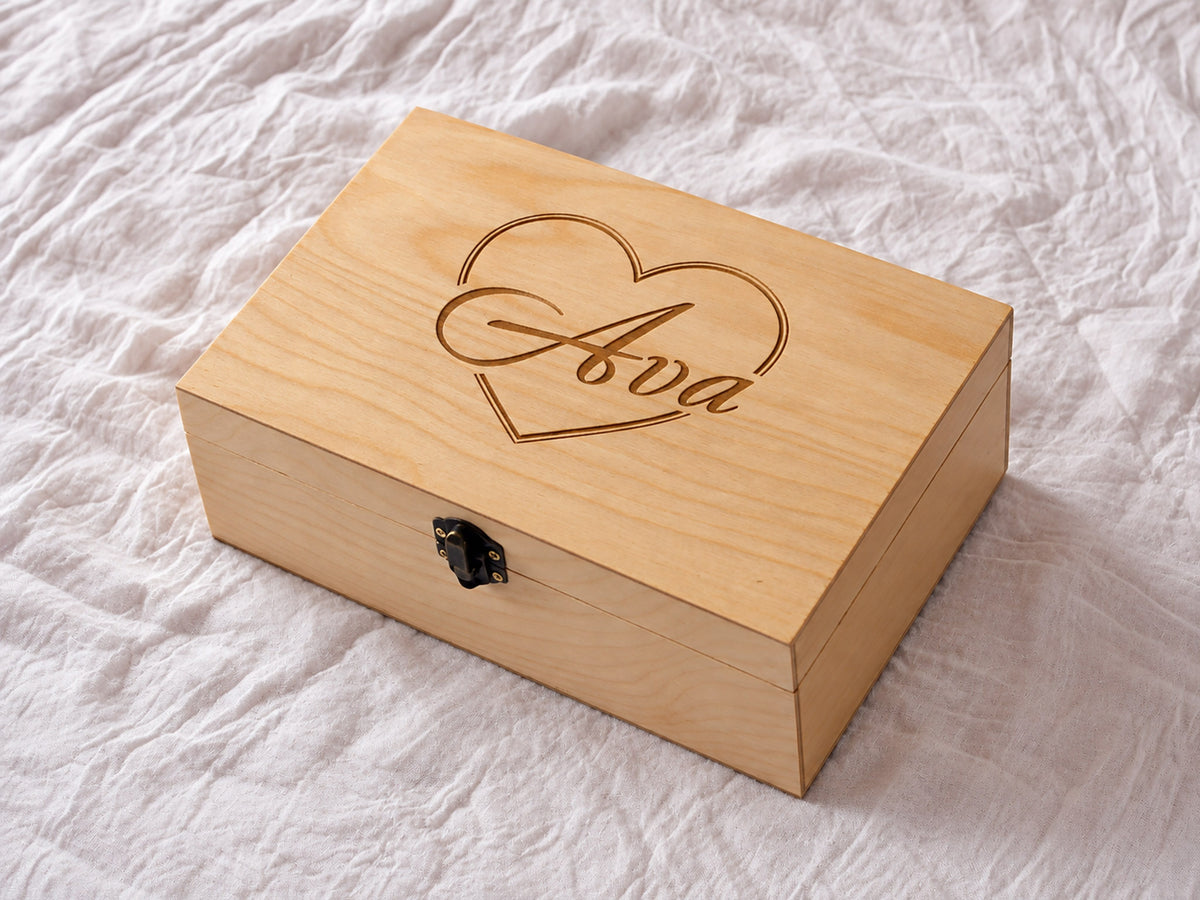 Engraved wooden jewelry box personalized with a name