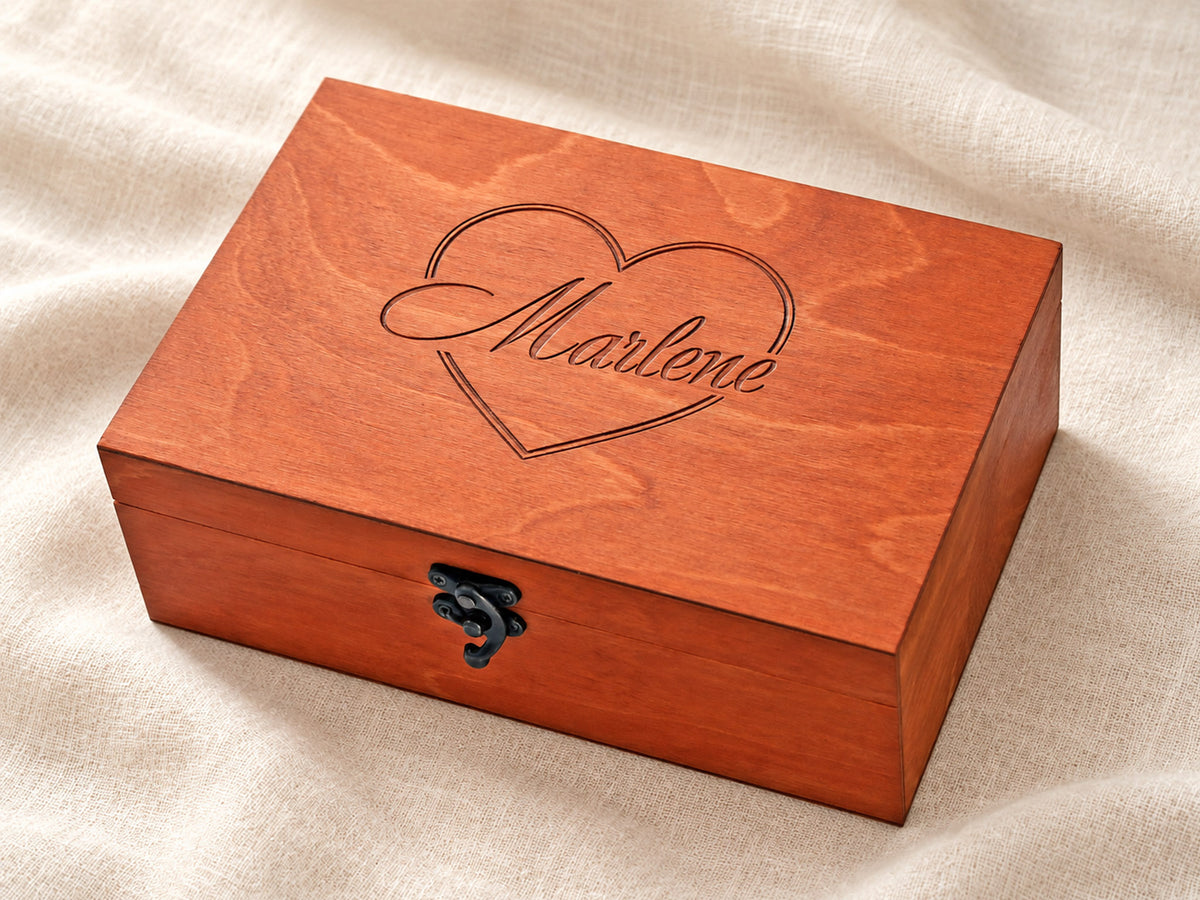 Engraved keepsake box for her personalized with a name and heart