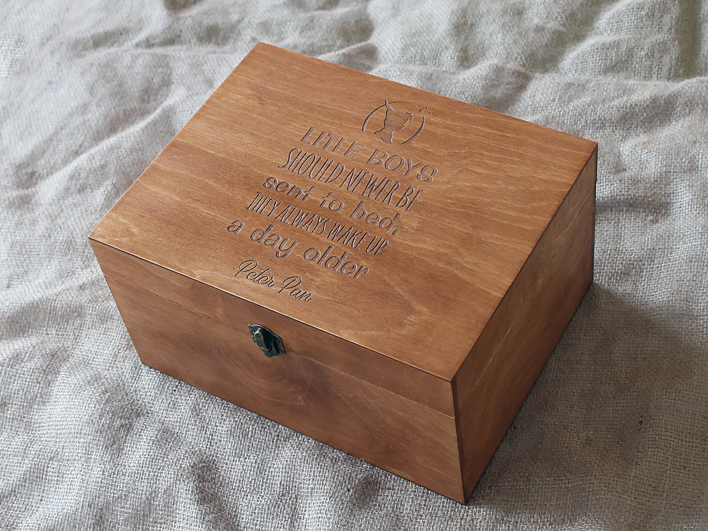 Laser engraved wooden keepsake box with Peter Pan quote