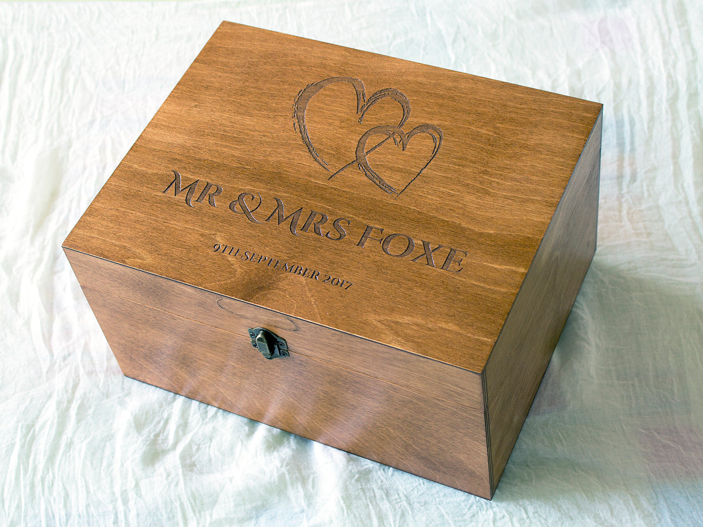 Custom engraved wedding memory box made from natural wood