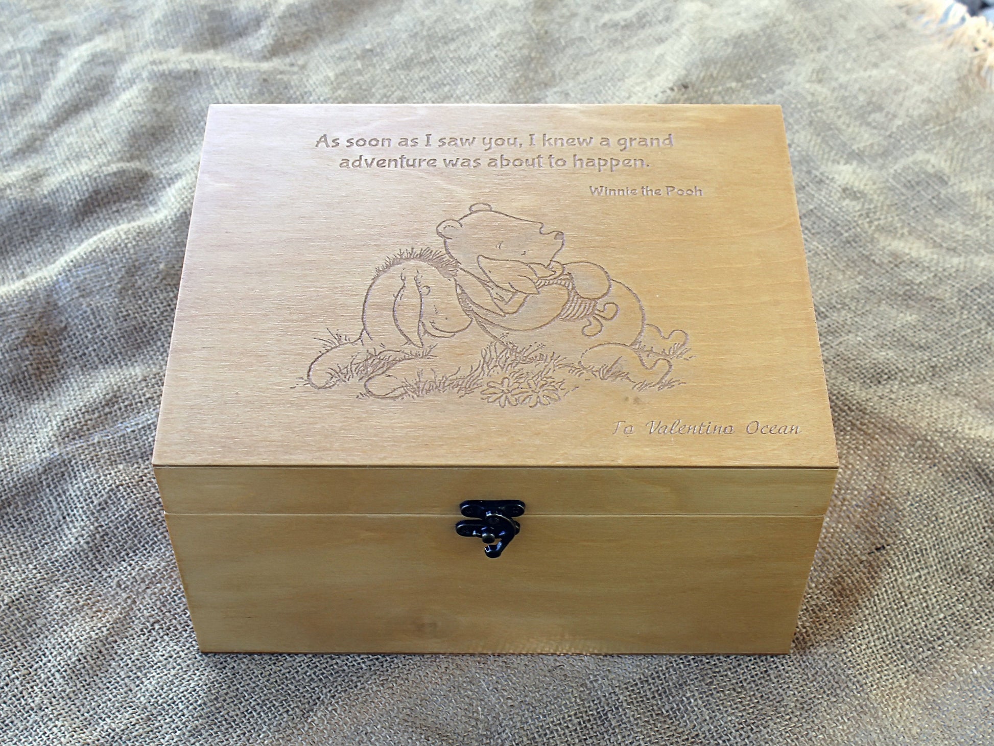 Laser engraved wooden box with Winnie the Pooh illustration