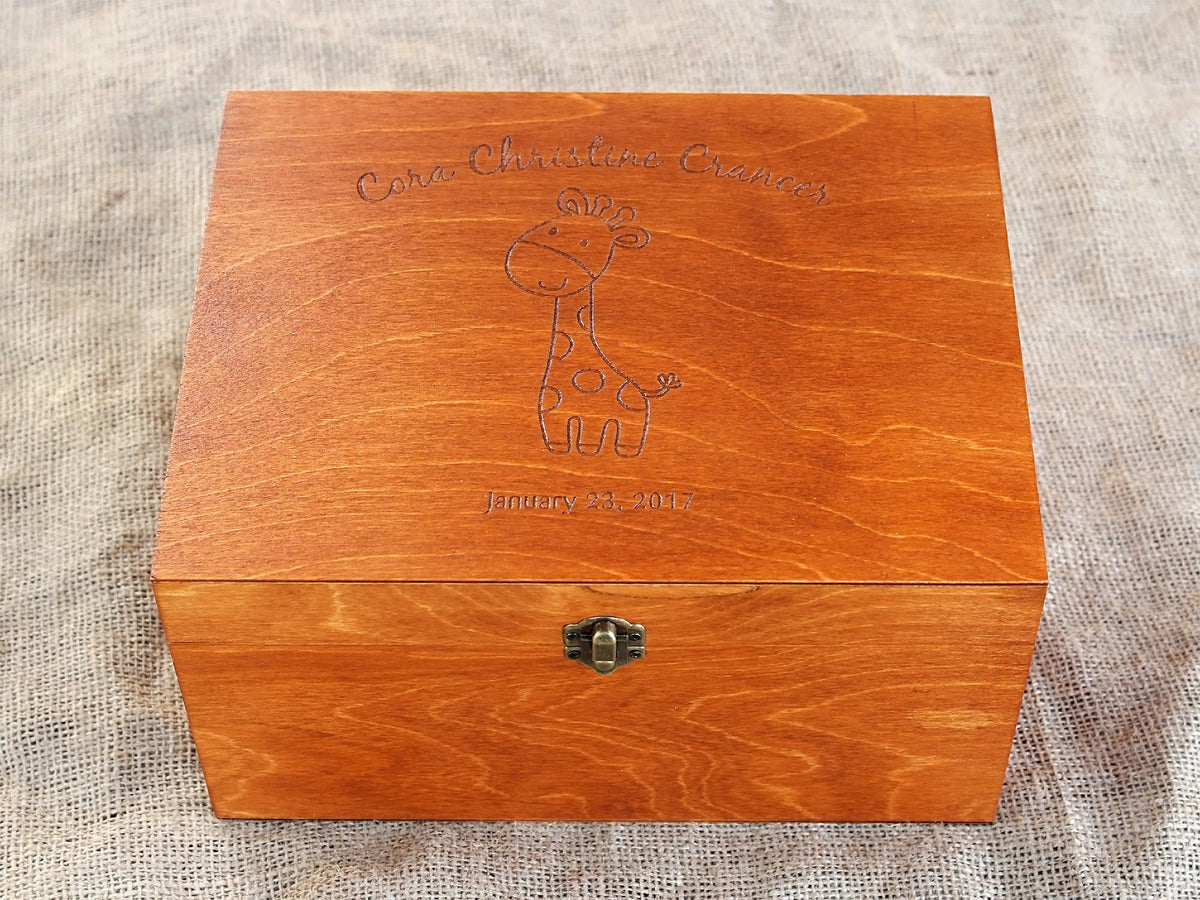 Wooden baby memory box with engraved giraffe design