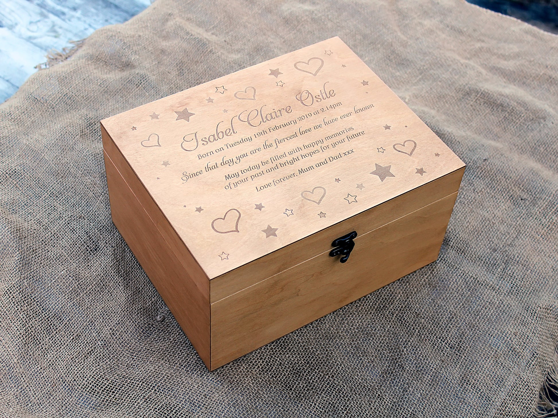 Baby keepsake box with engraved heart and stars